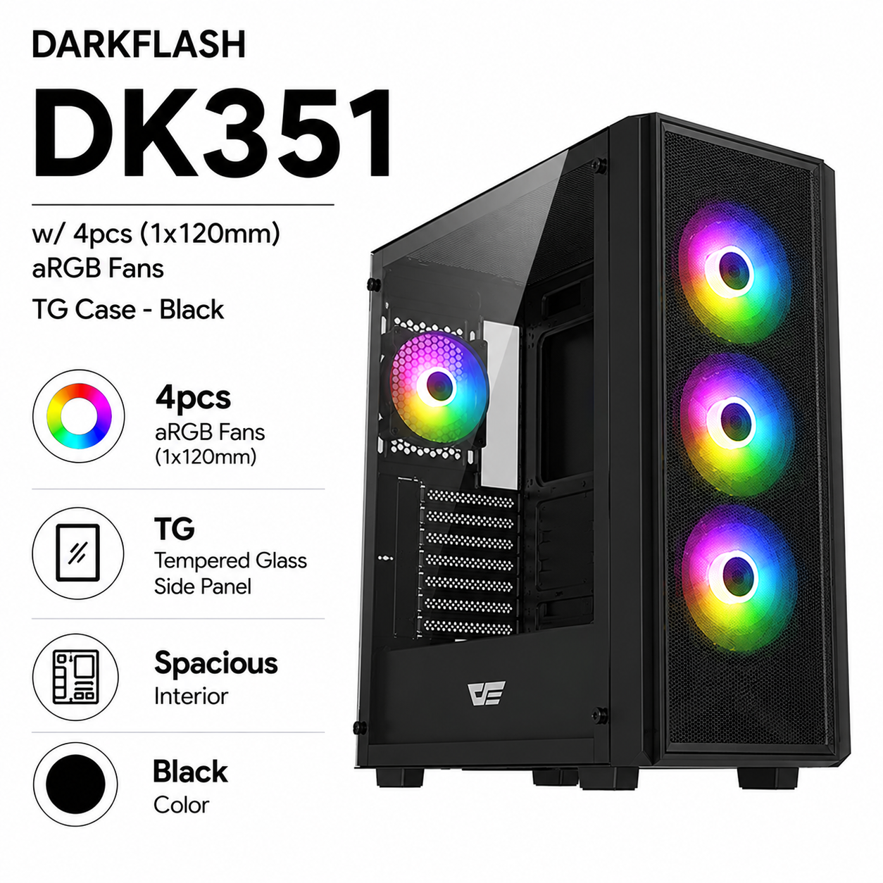 DARKFLASH DK351 w/ 4pcs (1x120mm) aRGB Fans TG Case - black (DK351-WH)