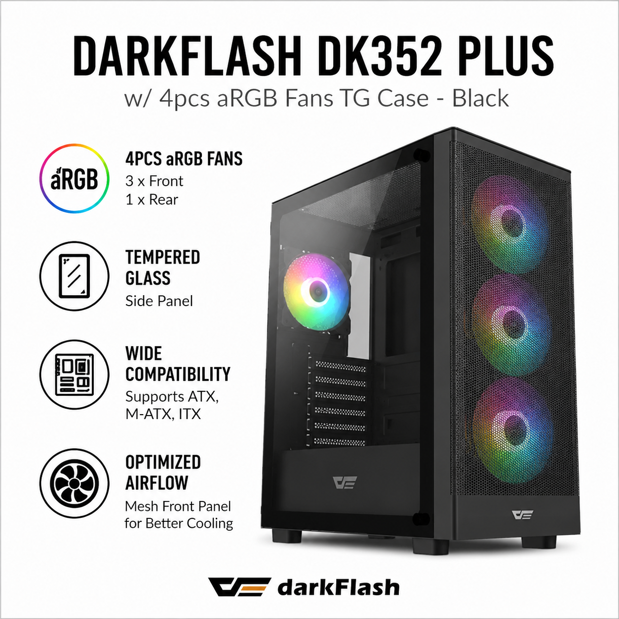 DARKFLASH DK352 PLUS w/ 4pcs aRGB Fans TG Case - black (DK352PLUS-WH)
