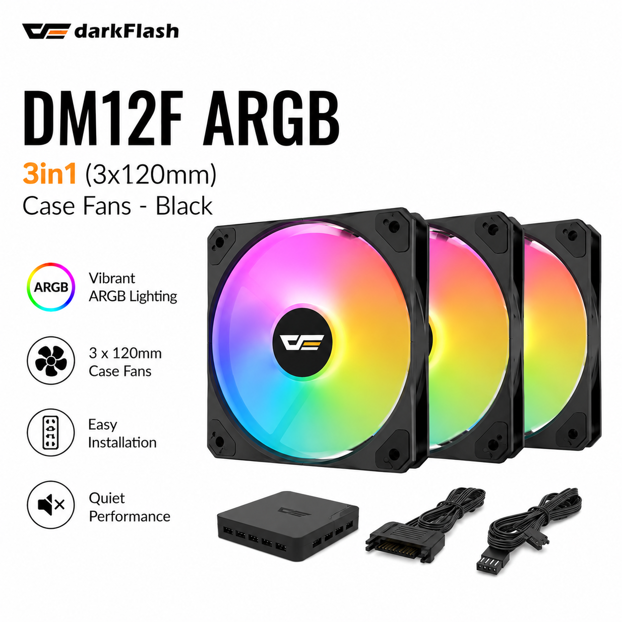 DARKFLASH DM12F ARGB 3in1 (3x120mm) Case Fans - black (DM12F-3IN1-WH)