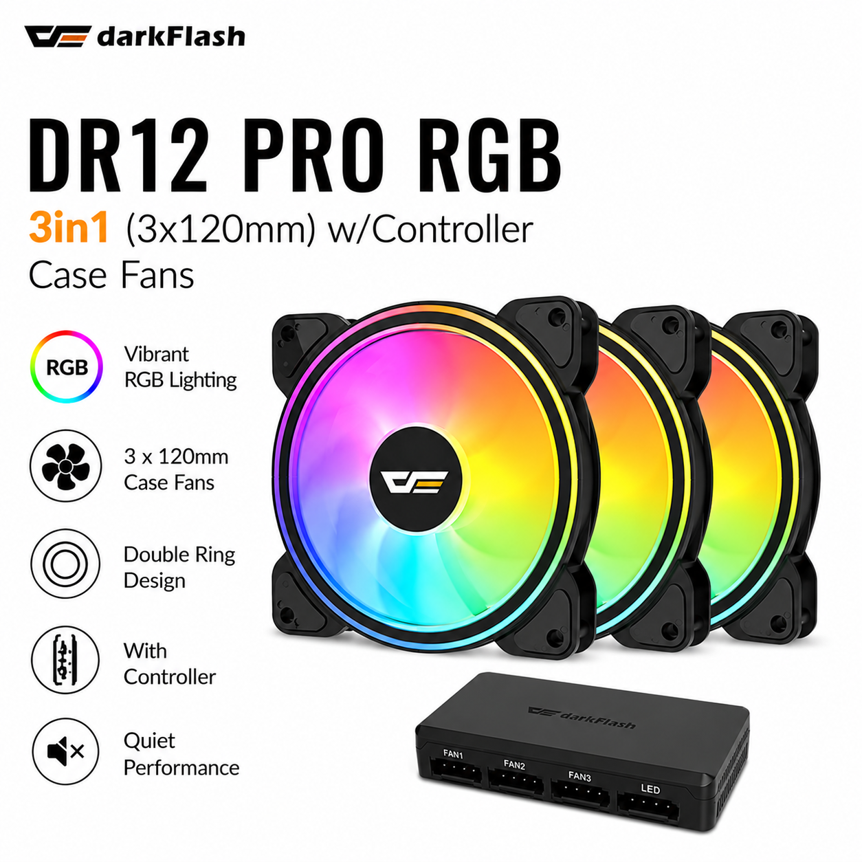 DARKFLASH DR12 Pro RGB 3in1 (3x120mm) w/controller Case Fans (ELLSWORTH-S2X)