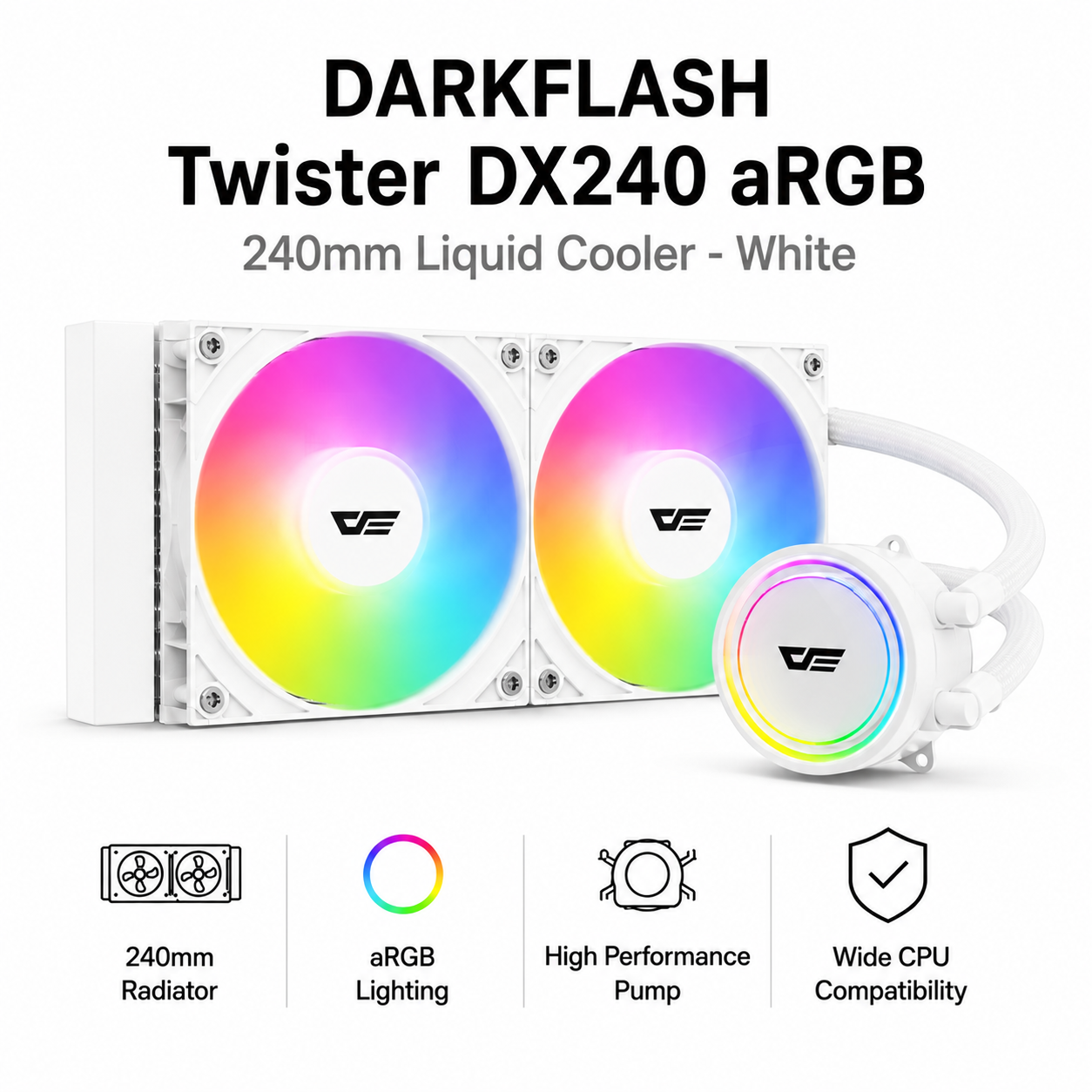 DARKFLASH Twister DX240 aRGB 240mm Liquid Cooler - White (DX240-V2-ARGB-BL)