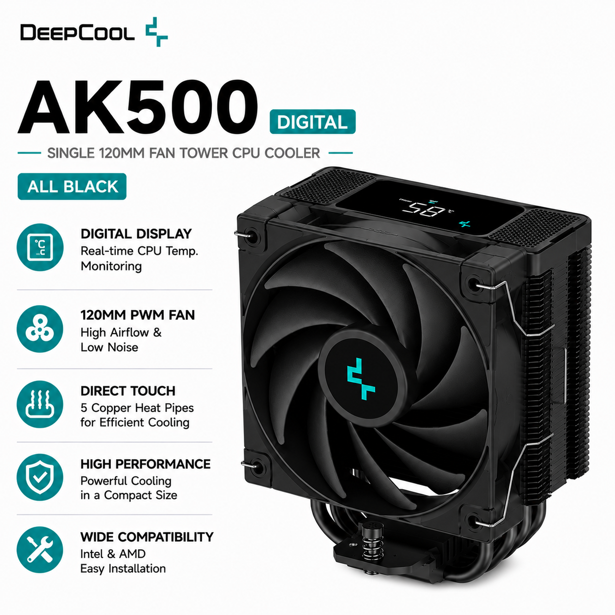 DEEPCOOL AK500 Digital - All Black, Single 120mm Fan, Tower (R-AK500-BKNNMT-G-1)