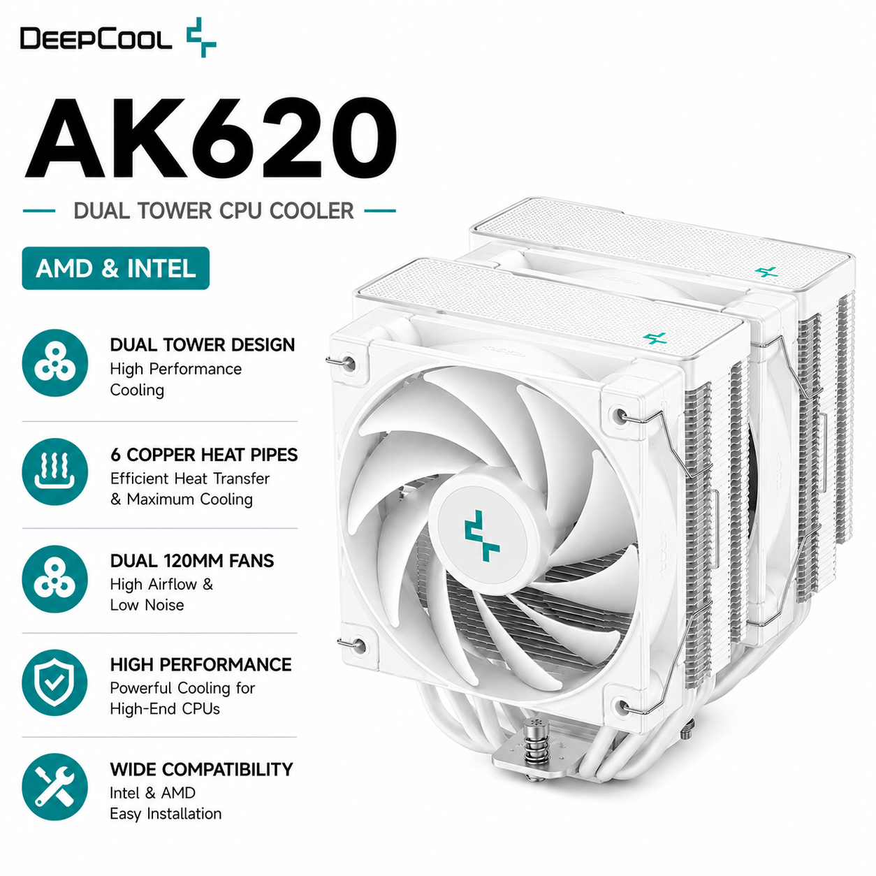 DEEPCOOL AK620 Dual Tower CPU Cooler (amd&intel) - white (R-AK620-ZD-NNMT-G-1)