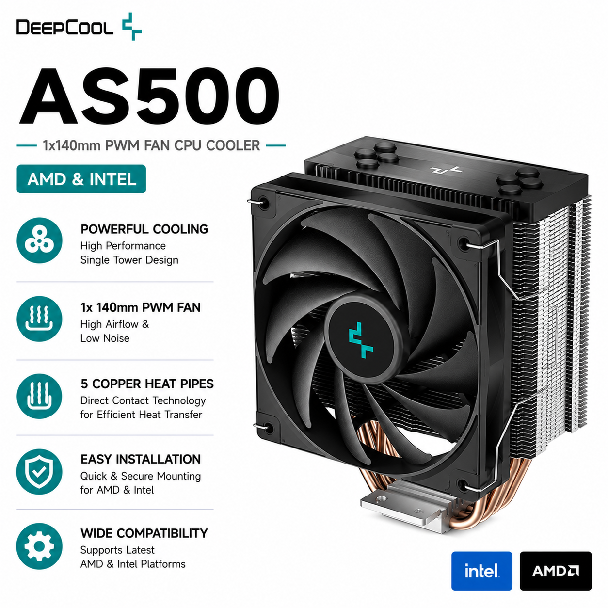 DEEPCOOL AS500 1x140mm PWM Fan CPU Cooler (amd&intel) (R-AS500-BKNLMP-G)