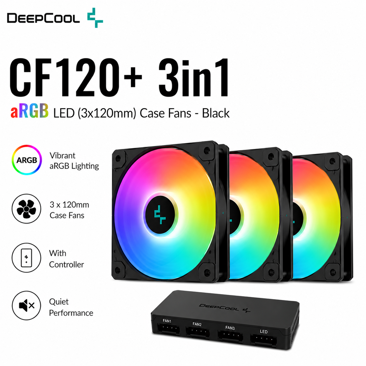 DEEPCOOL CF120+ 3in1 aRGB LED (3x120mm) Case Fans - black (DP-F12-AR-CF120P-WH-3P)