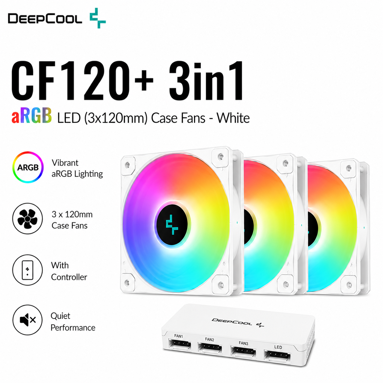 DEEPCOOL CF120+ 3in1 aRGB LED (3x120mm) Case Fans - white (DP-FA-RGB-CF140-2)