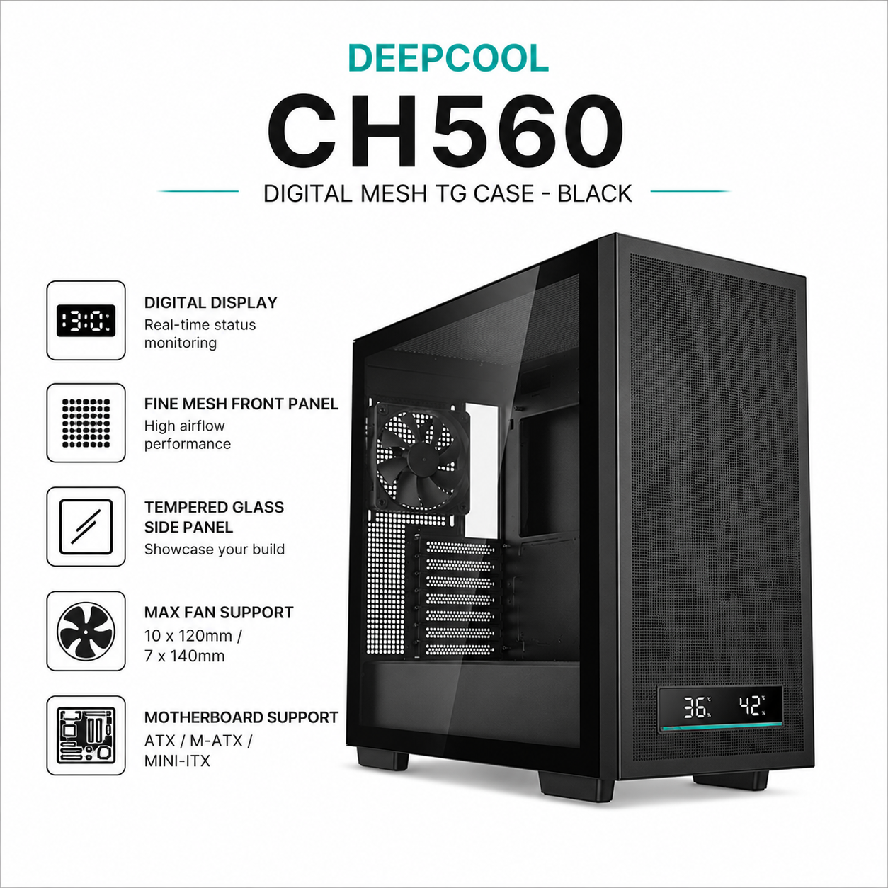 DEEPCOOL CH560 Digital Mesh TG Case - Black (CH560-DIGITAL)