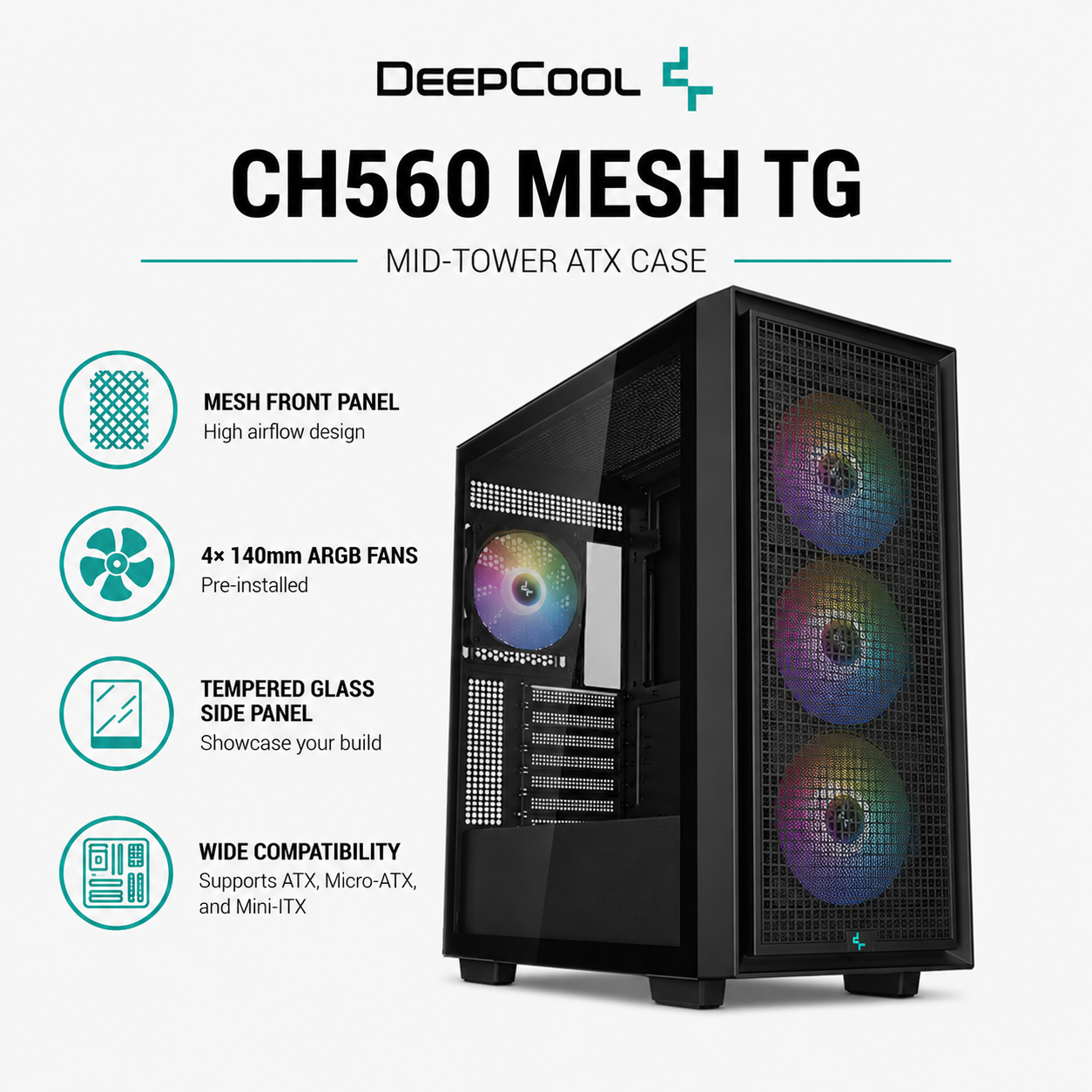 DEEPCOOL CH560 Mesh TG Case - Black (CH560)
