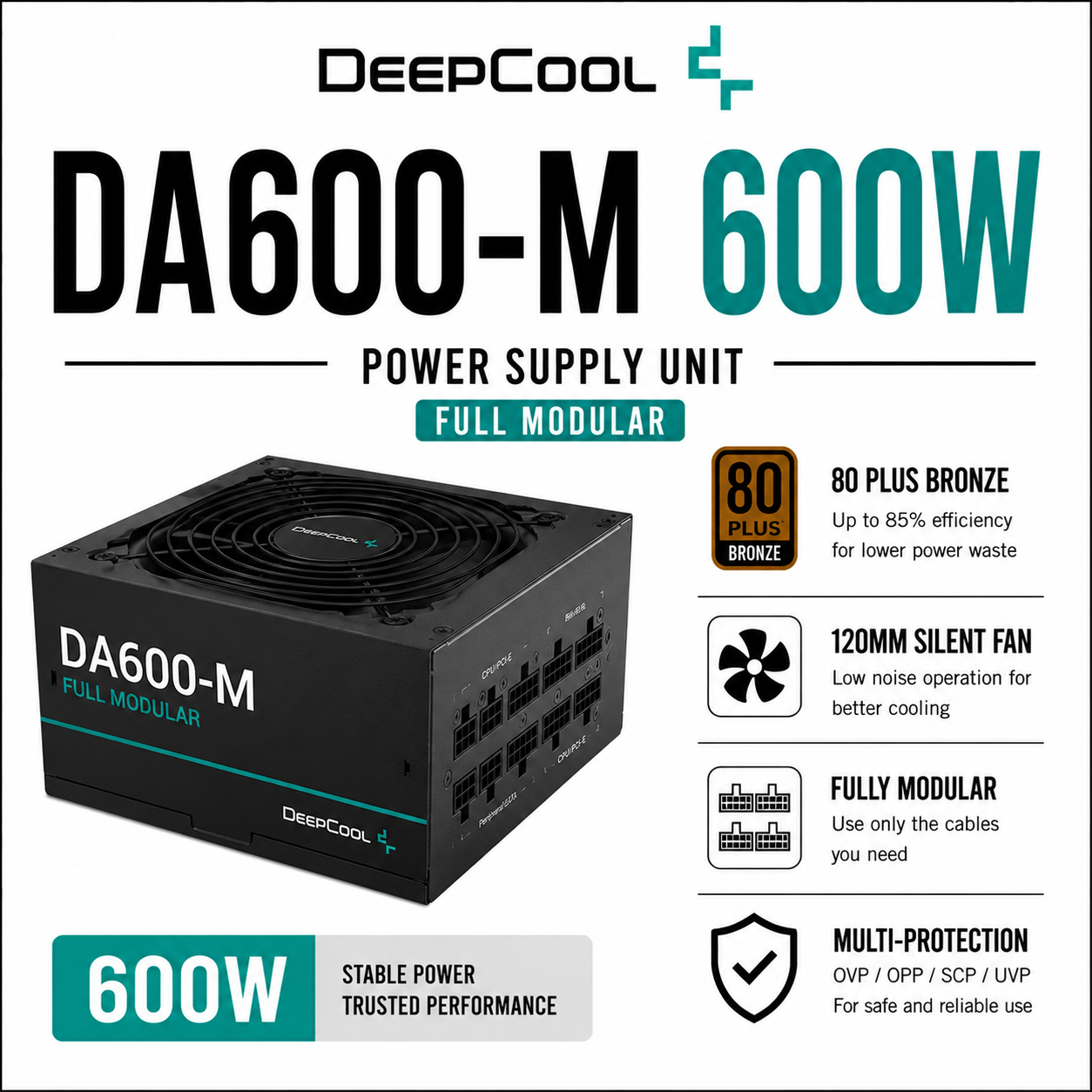 DEEPCOOL DA600-M 80+ Bronze 600W Power Supply Unit (Full Modular) (DA600-M)
