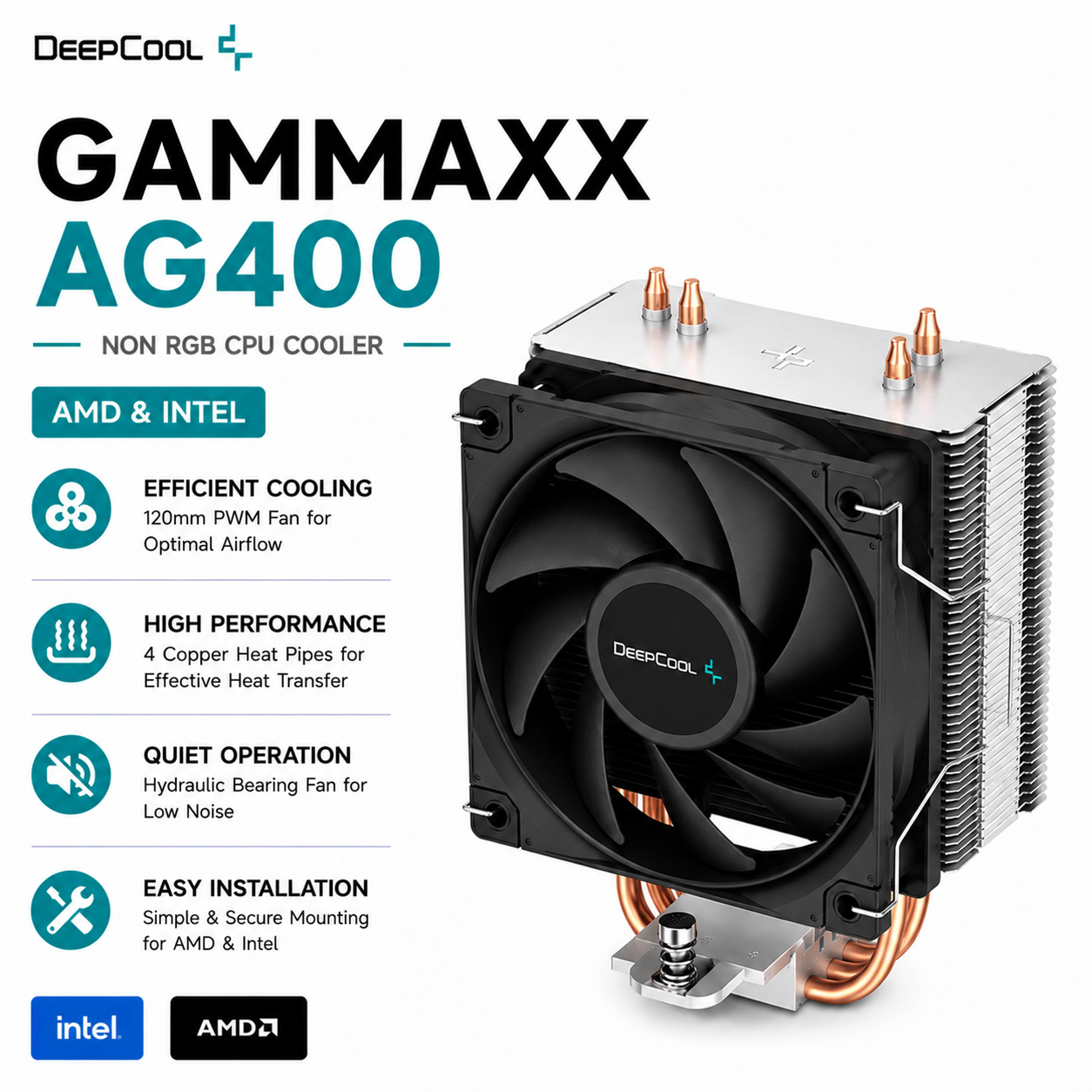 DEEPCOOL Gammaxx AG400 non RGB CPU Cooler (amd&intel) (R-AG400-BKNNMN-G-1)