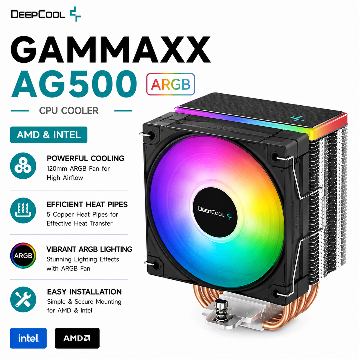 DEEPCOOL Gammaxx AG500 ARGB CPU Cooler (amd&intel) (R-AG500-BKANMN-G)
