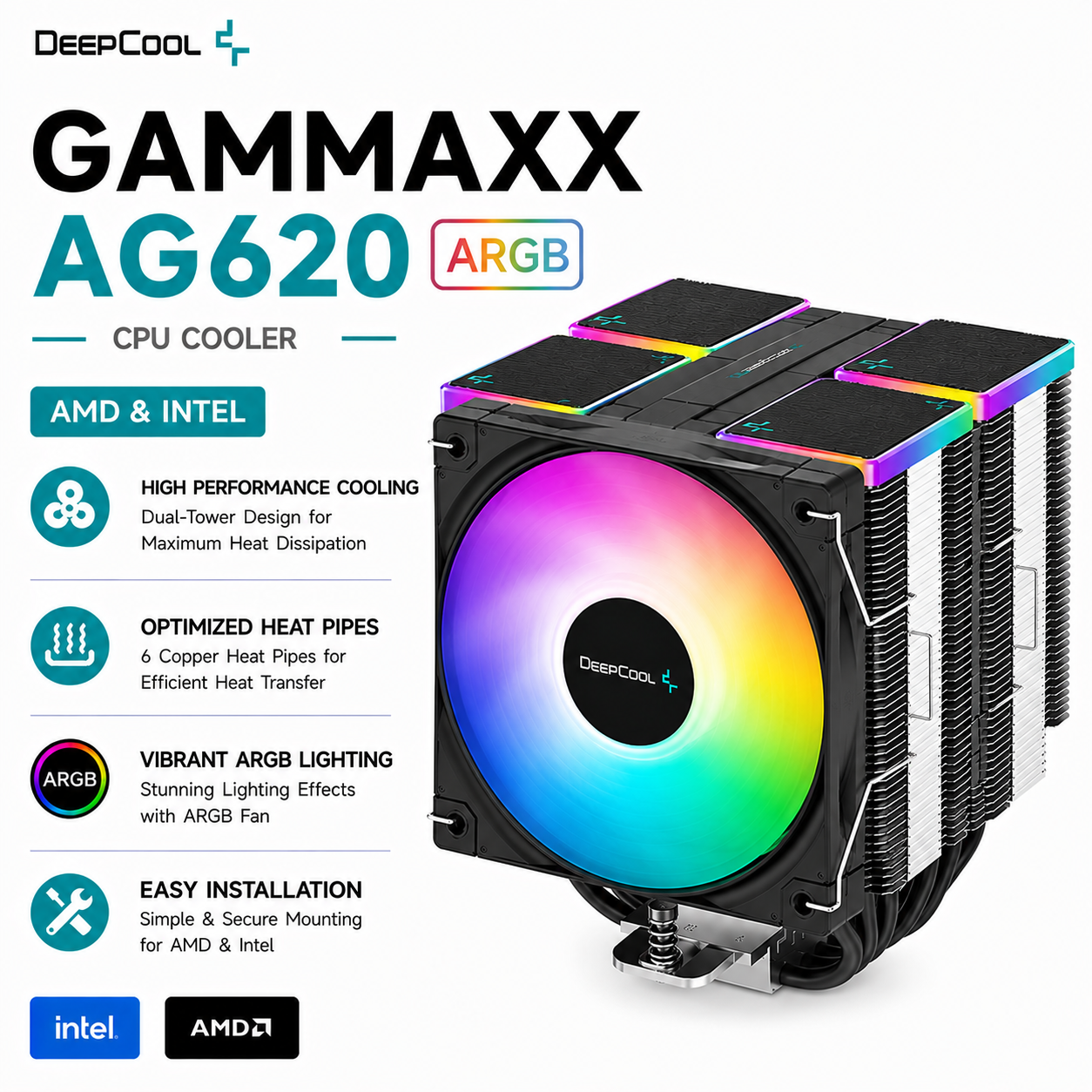 DEEPCOOL Gammaxx AG620 ARGB CPU Cooler (amd&intel) (R-AG620-BKANMN-G-1)