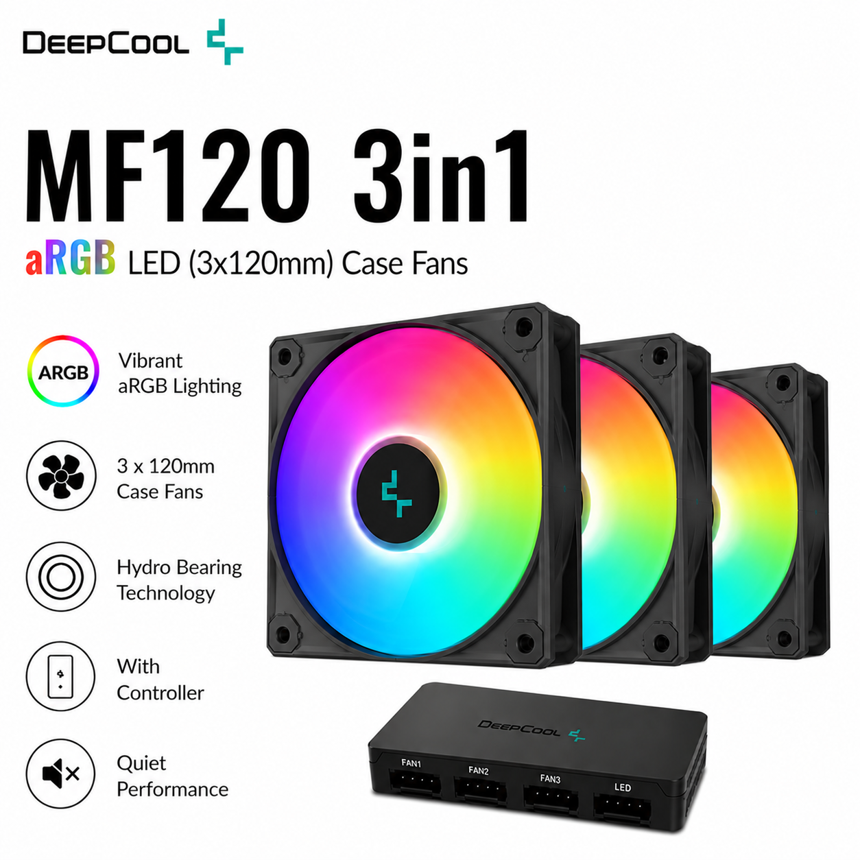 DEEPCOOL MF120 3in1 aRGB LED (3x120mm) Case Fans (DPGS-FMF120WF-3SW)