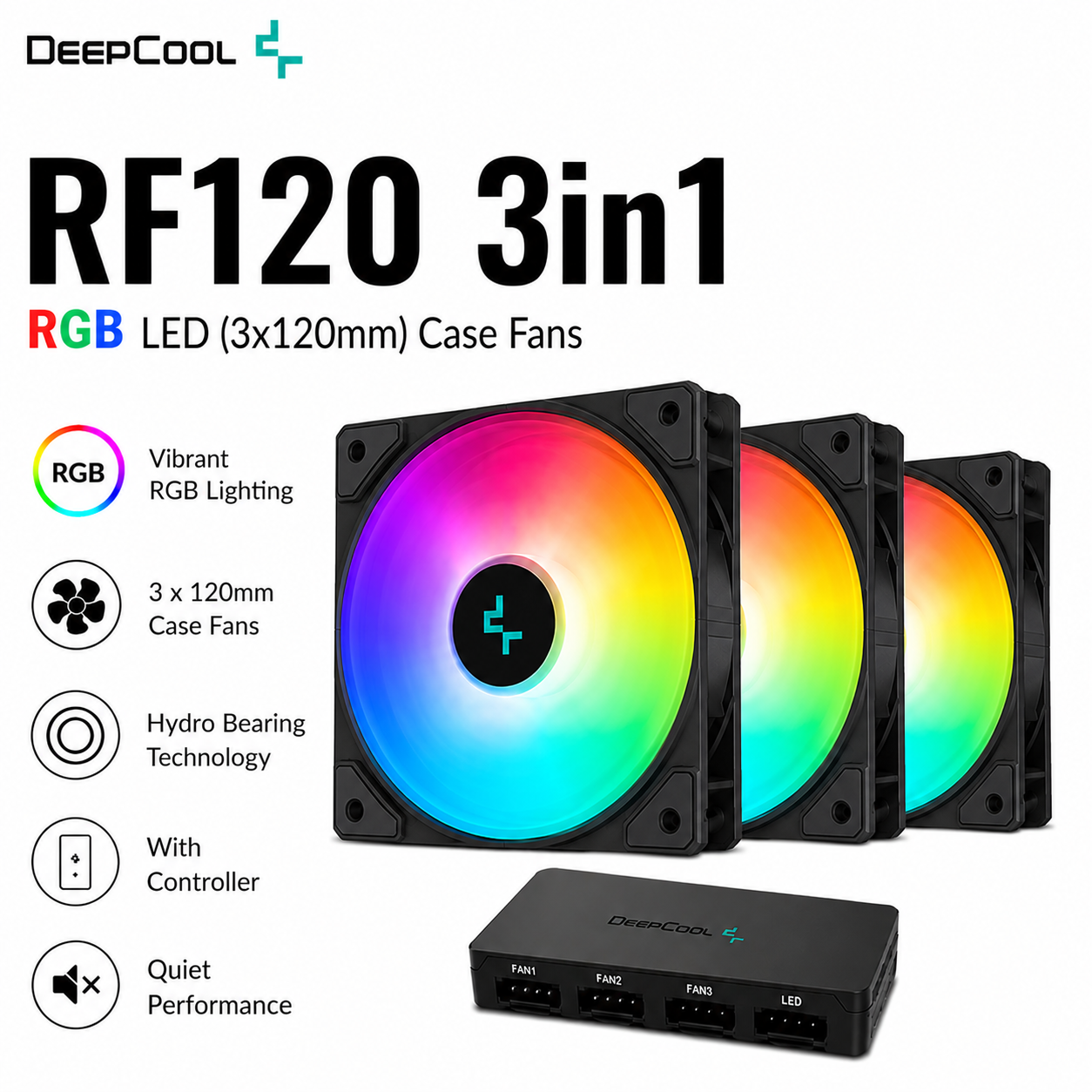 DEEPCOOL RF120 3in1 RGB LED (3x120mm) Case Fans (DP-FRGB-RF120-3C)