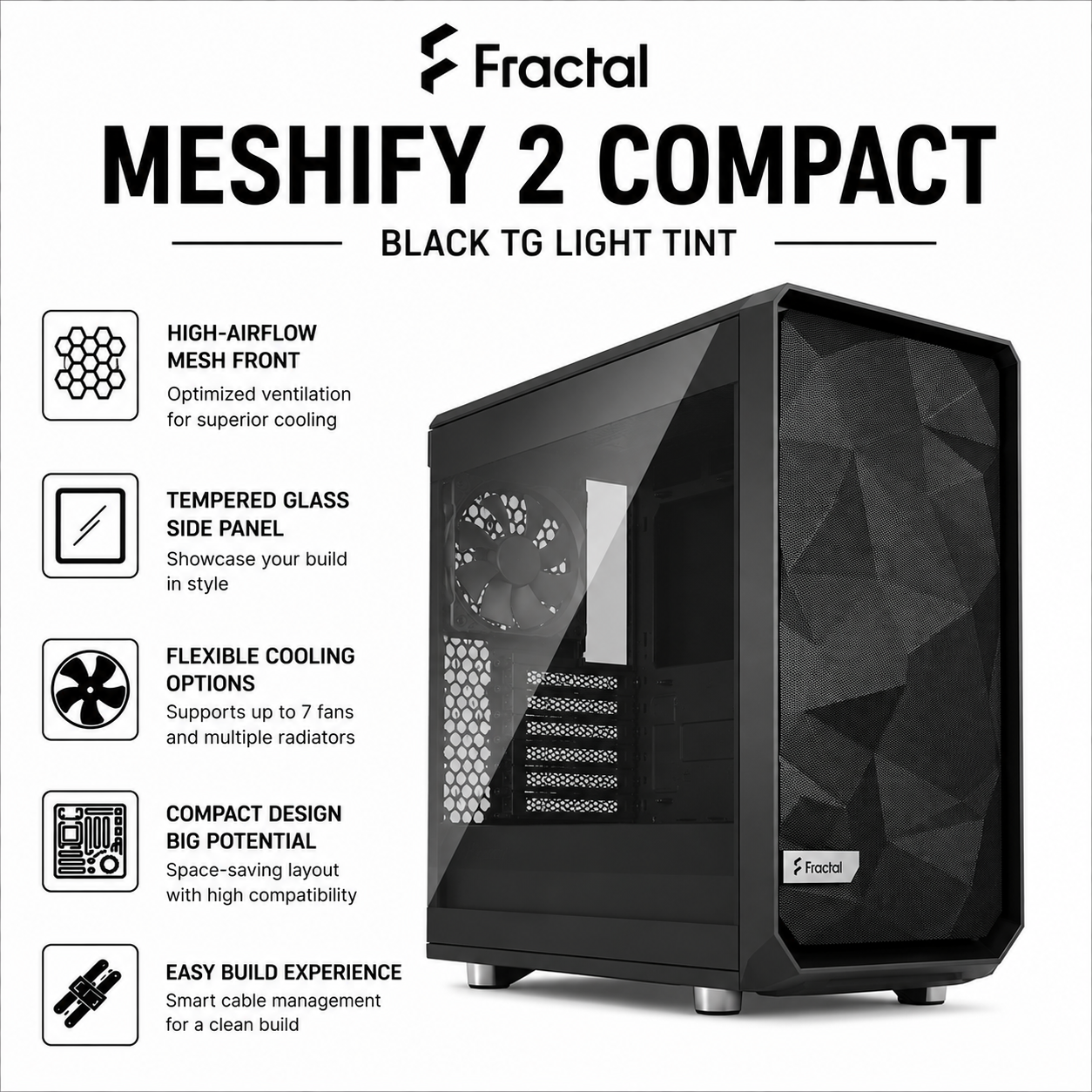 FRACTAL Meshify 2 Compact Black TG Light Tint (FD-C-MES2C-03)