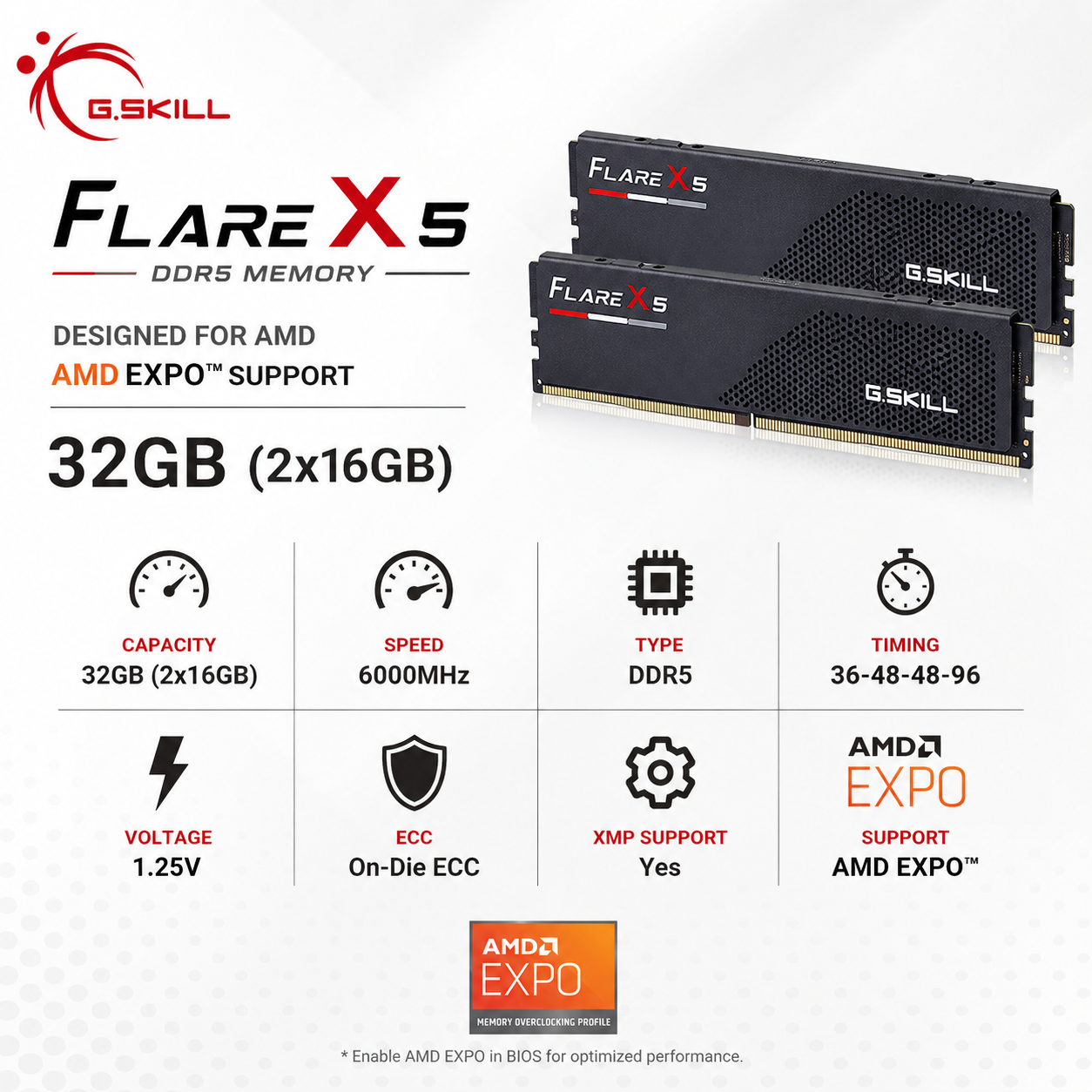 G.SKILL FLARE X5 AMD EXPO 32GB(2x16GB) 6000MHz DDR5 36-48-48-96 1.25V (F5-6000J3648D16GX2-FX5)