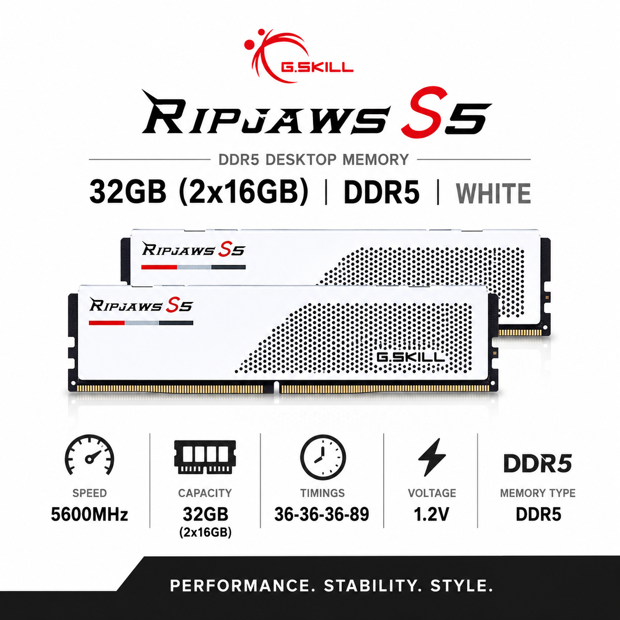 G.SKILL RIPJAWS S5 32GB(2x16GB) 5600MHz DDR5 36-36-36-89 1.2V - White (F5-5600J3636C16GX2-RS5W)