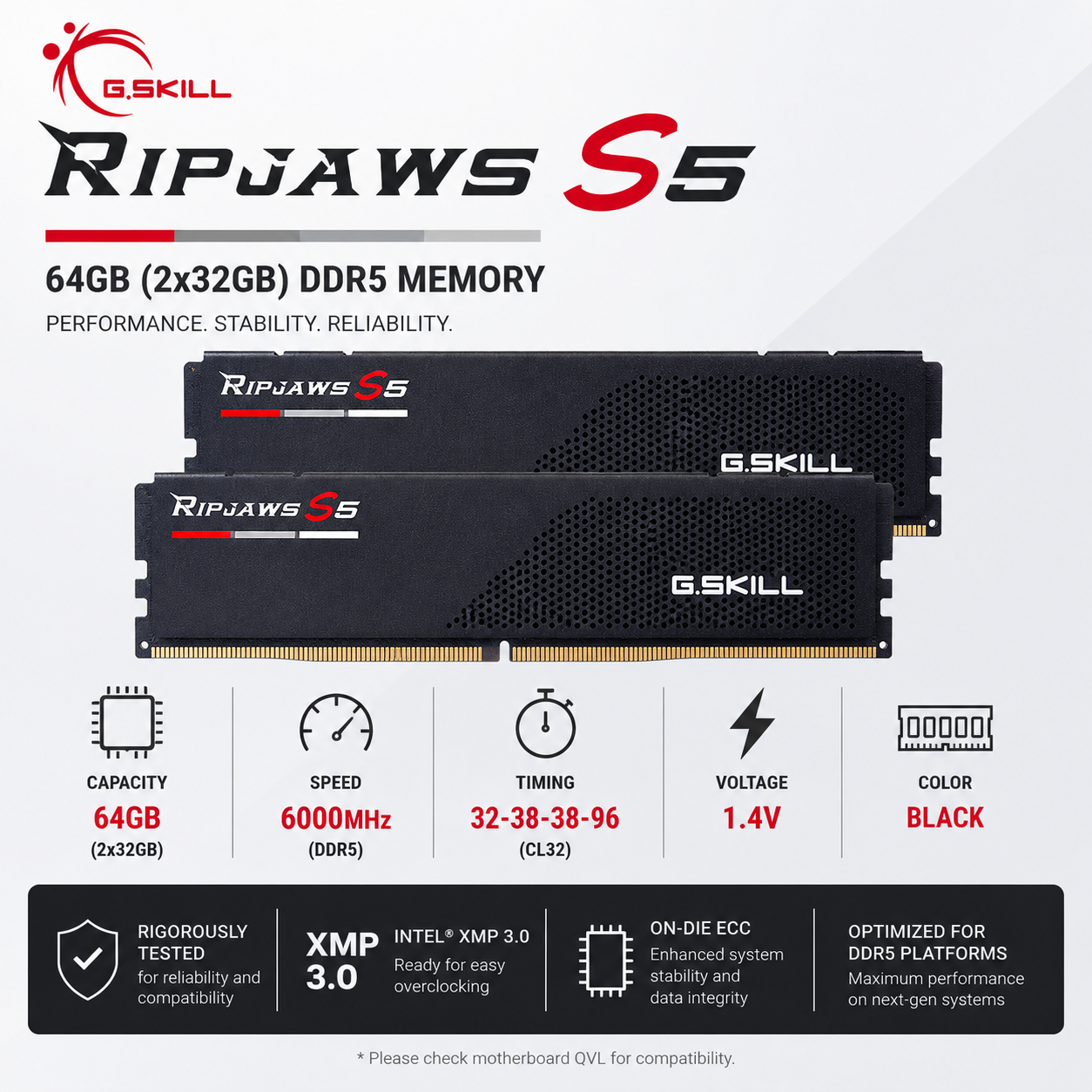 G.SKILL RIPJAWS S5 64GB(2x32GB) 6000MHz DDR5 32-38-38-96 1.4V - Black (F5-6000J3238G32GX2-RS5K)