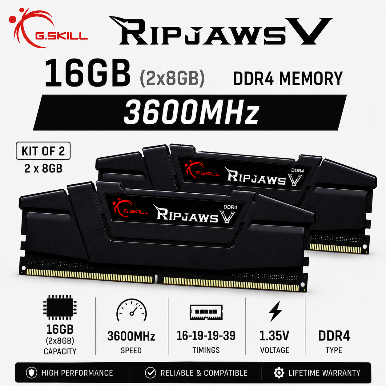 G.SKILL RIPJAWS V 16GB(2x8GB) 3600MHz DDR4 16-19-19-39 1.35V - Black (F4-3600C16D-16GVKC)