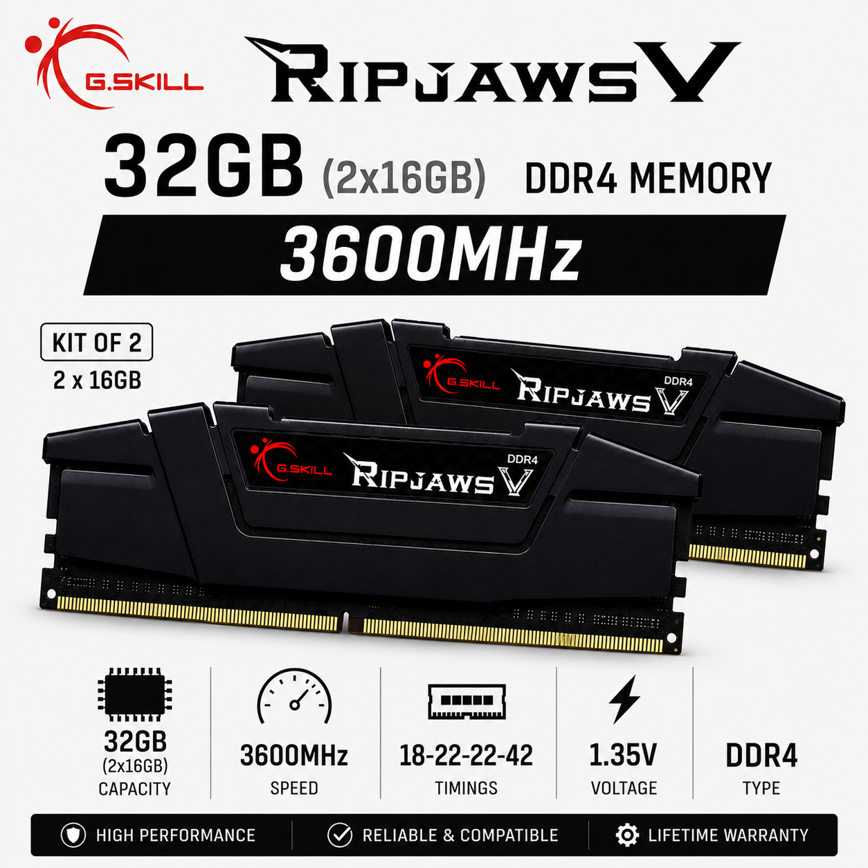 G.SKILL RIPJAWS V 32GB(2x16GB) 3600MHz DDR4 18-22-22-42 1.35V - Black (F4-3600C18D-32GVK)