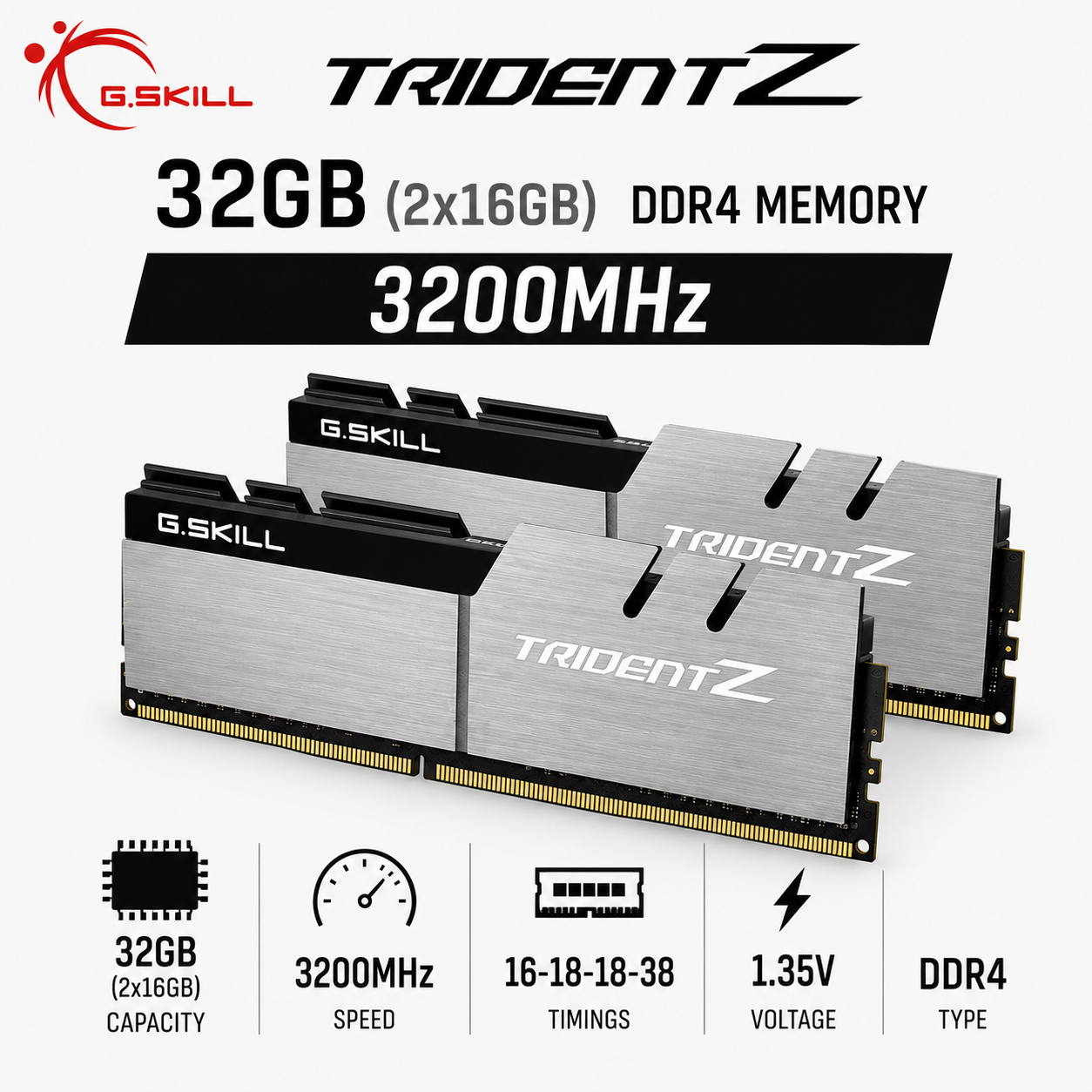 G.SKILL TRIDENT Z 32GB(2x16GB) 3200MHz DDR4 16-18-18-38 1.35V - Silver/Black (F4-3200C16D-32GTZSK)