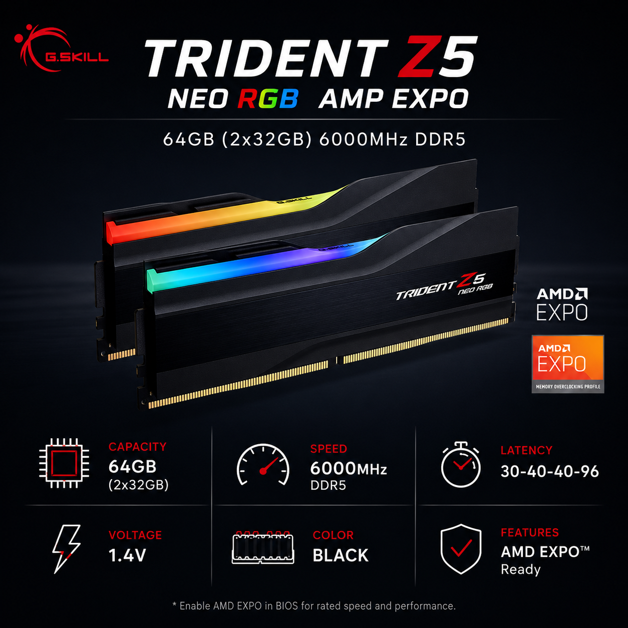 G.SKILL TRIDENT Z5 NEO RGB AMP EXPO 64GB(2x32GB) 6000MHz DDR5 30-40-40-96 1.4V - Black (F5-6000J3040G32GX2-TZ5NR)