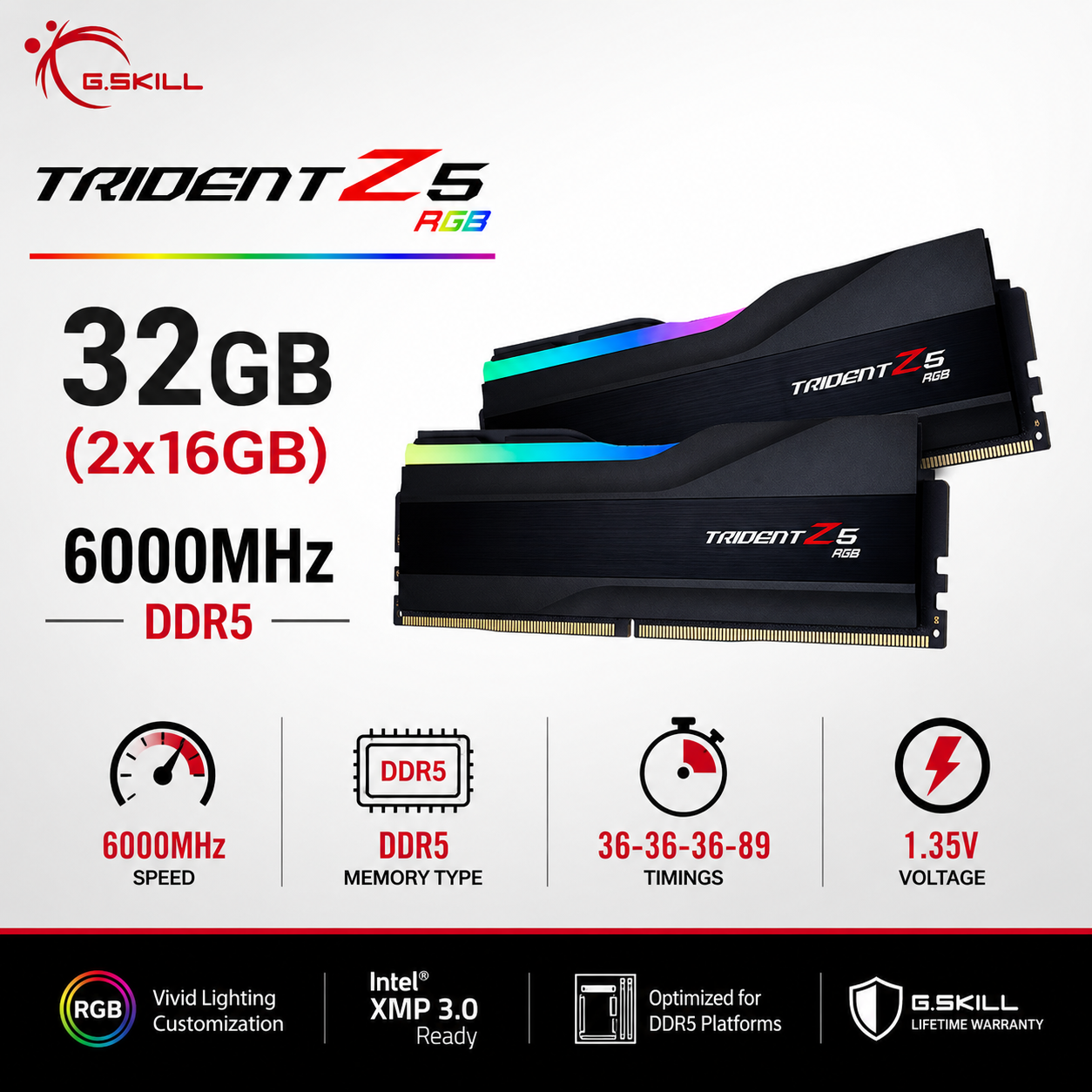 G.SKILL TRIDENT Z5 RGB 32GB(2x16GB) 6000MHz DDR5 36-36-36-89 1.35V - Black (F5-6000J3636F16GX2-TZ5RK)