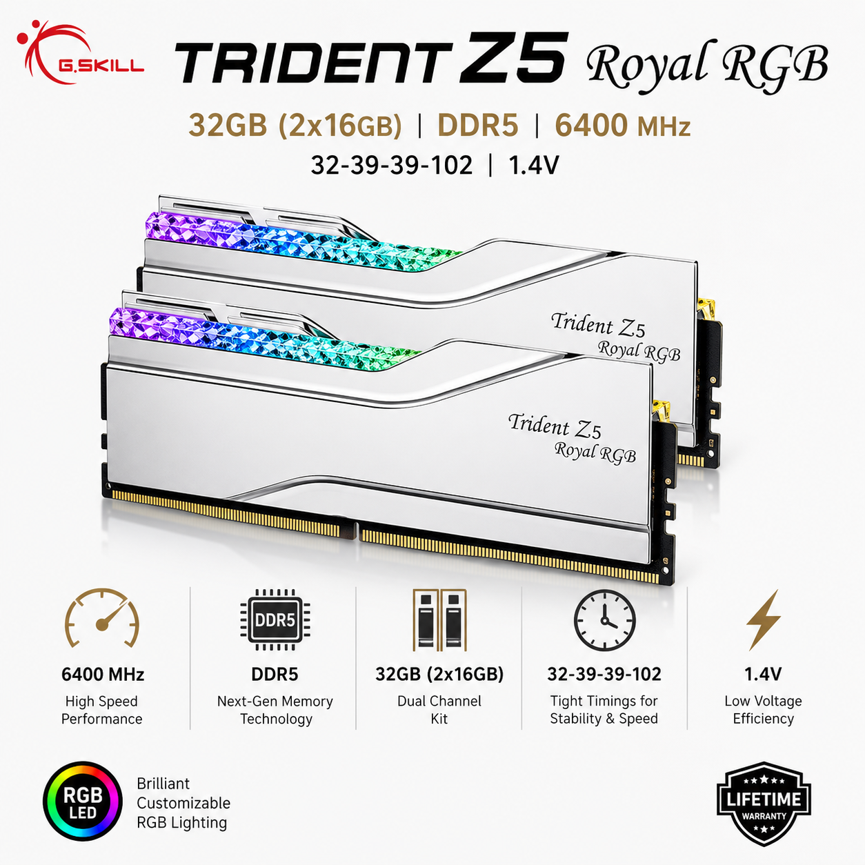 G.SKILL TRIDENT Z5 Royal RGB 32GB(2x16GB) 6400 MHz DDR5 32-39-39-102 1.4V - SILVER/RGB LED (F5-6400J3239G16GX2-TR5S)