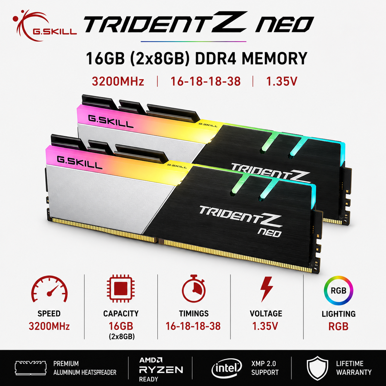 G.SKILL TRIDENT Z NEO RGB 16GB(2x8GB) 3200MHz DDR4 16-18-18-38 1.35V - Black (F4-3200C16D-16GTZN)