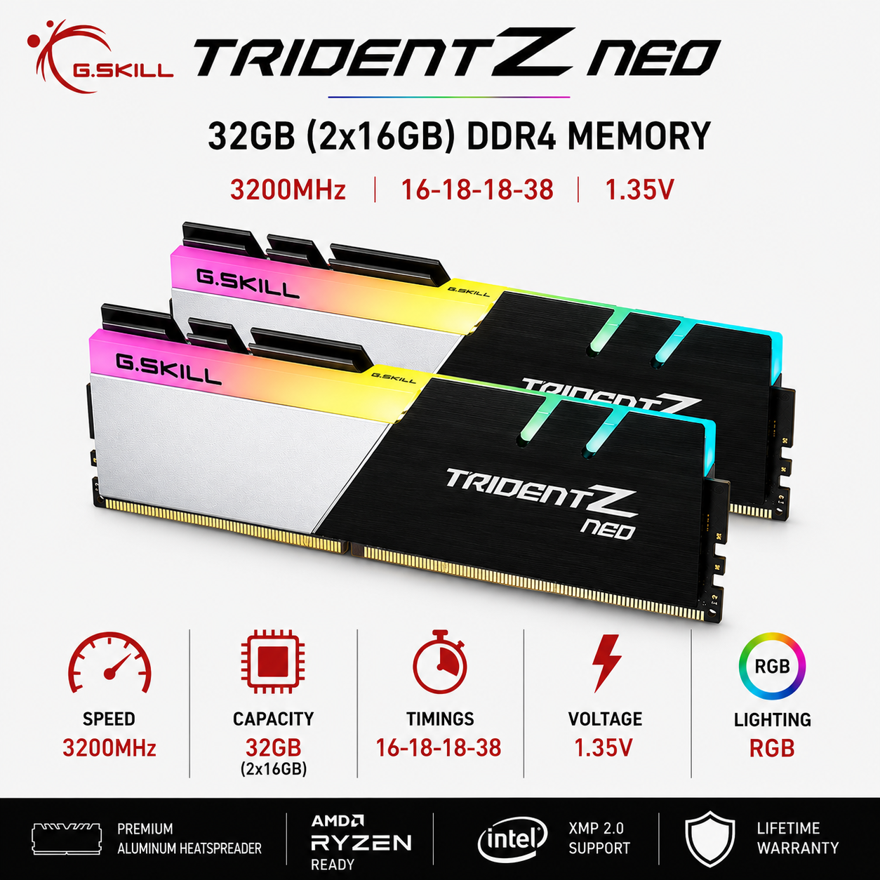 G.SKILL TRIDENT Z NEO RGB 32GB(2x16GB) 3200MHz DDR4 16-18-18-38 1.35V - Black (F4-3200C16D-32GTZN)
