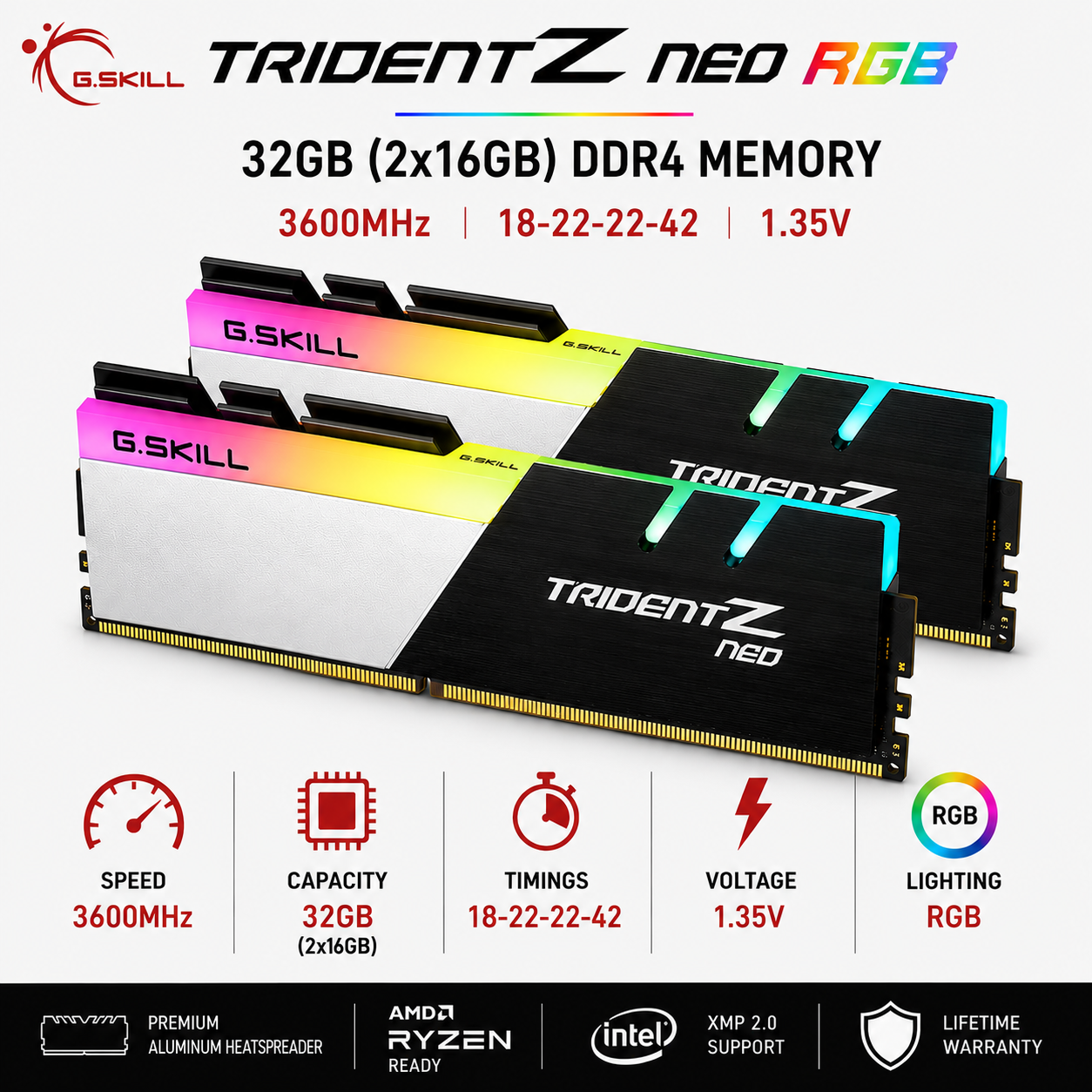 G.SKILL TRIDENT Z NEO RGB 32GB(2x16GB) 3600MHz DDR4 18-22-22-42 1.35V - Black (F4-3600C18D-32GTZN)