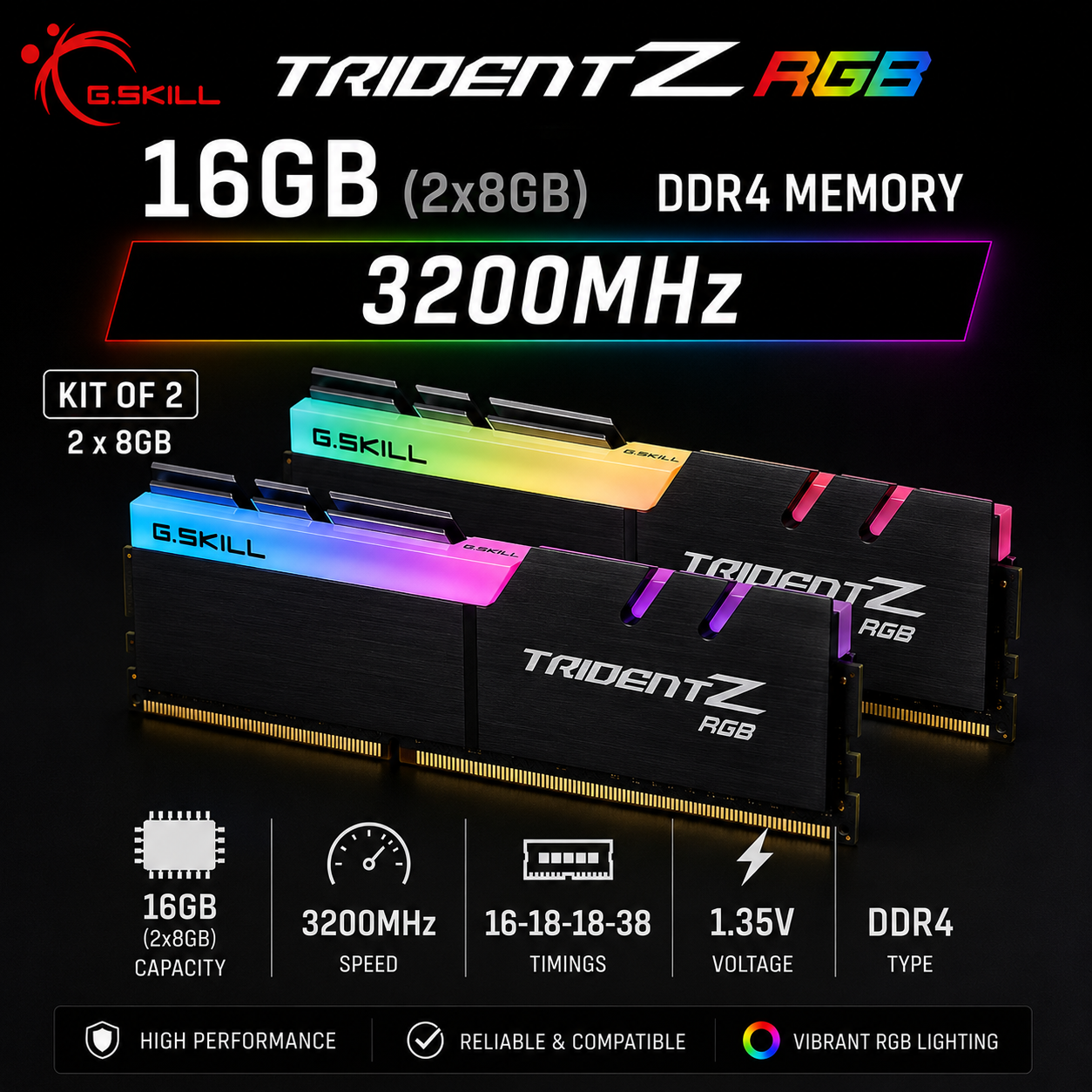 G.SKILL TRIDENT Z RGB 16GB(2x8GB) 3200MHz DDR4 16-18-18-38 1.35V - Black (F4-3200C16D-16GTZRX)