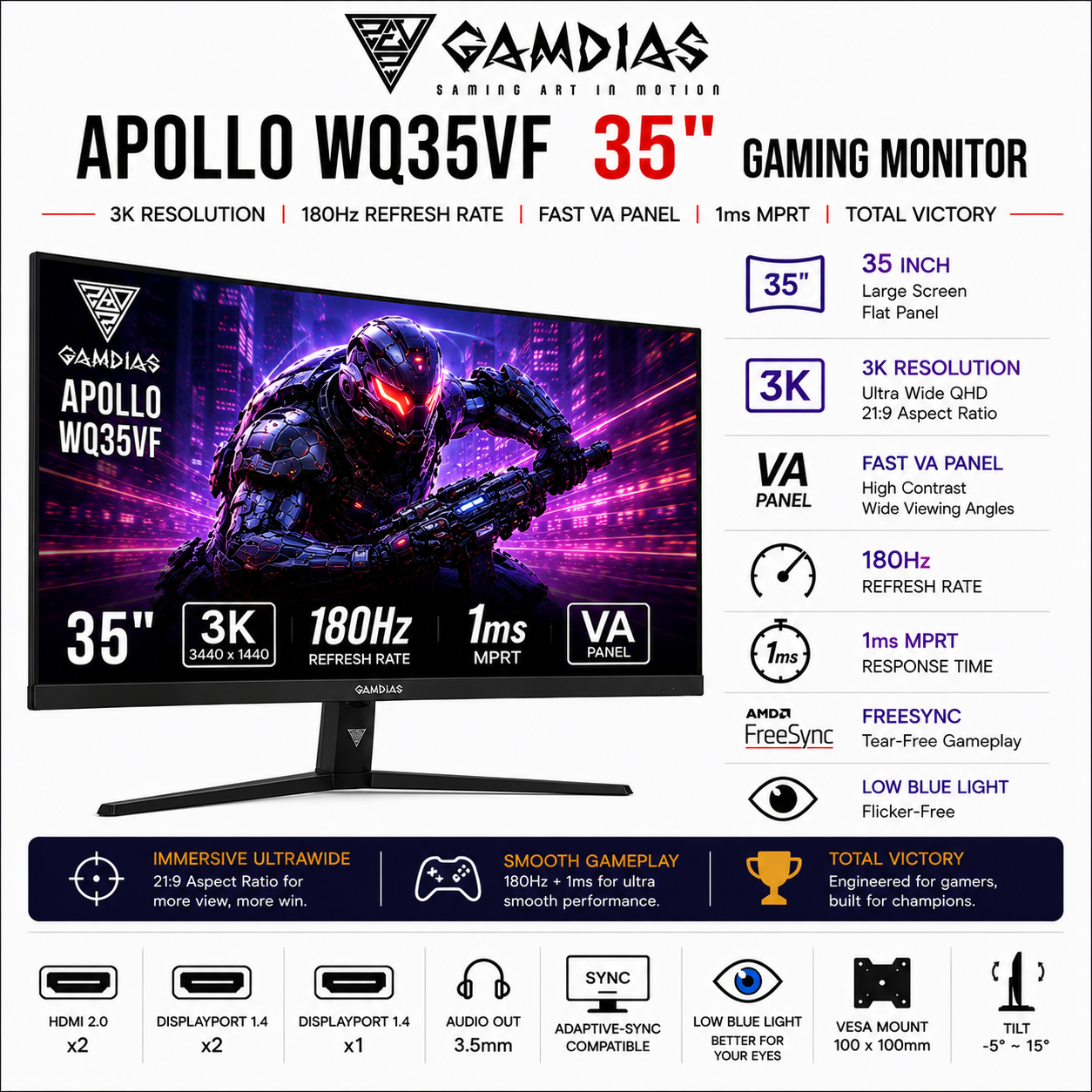 GAMDIAS APOLLO WQ35VF 35" VA 180HZ Flat 3k Resolution 1ms (HD238F)