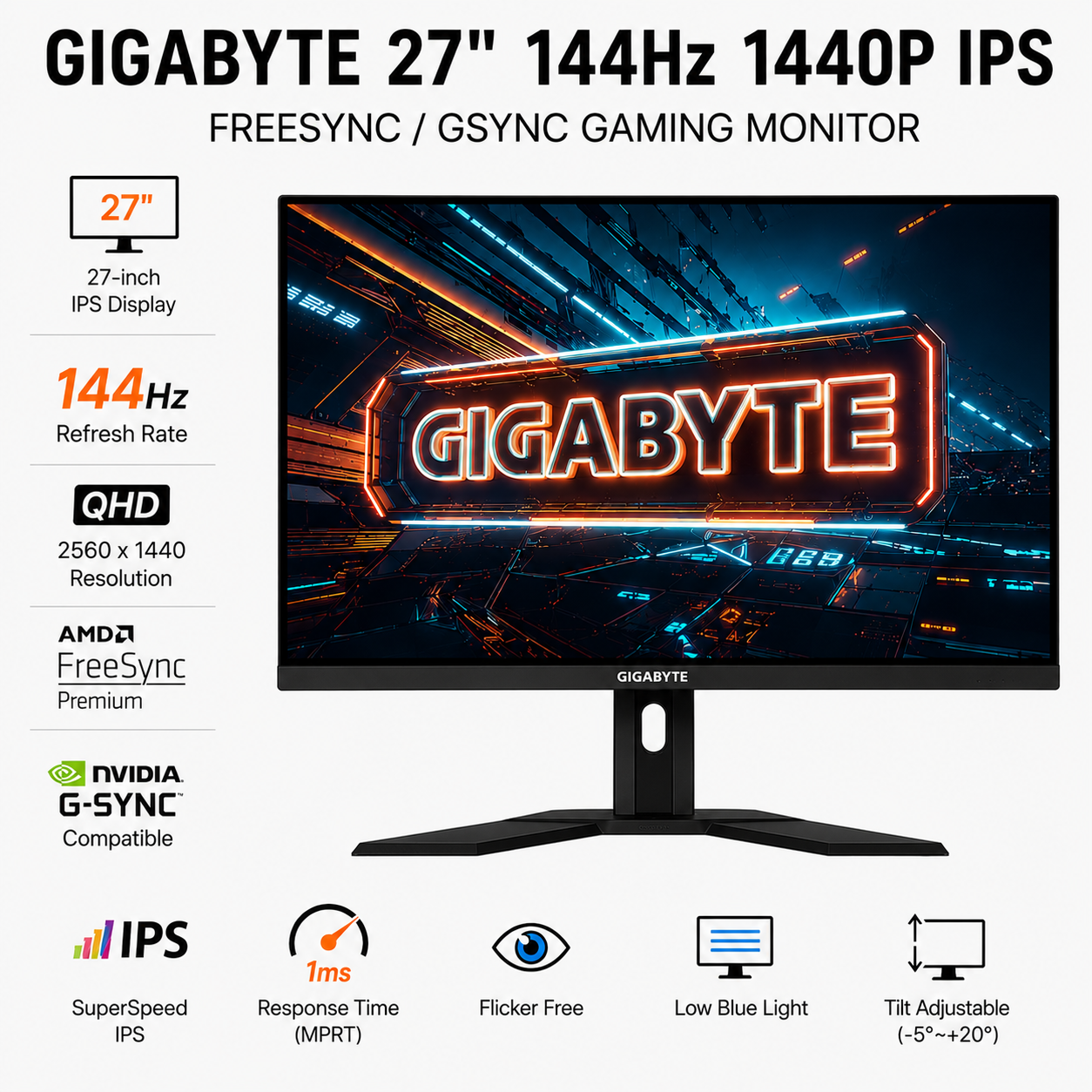 GIGABYTE 27" 144HZ 1440P IPS FREESYNC/GSYNC GAMING MONITOR (M27Q)
