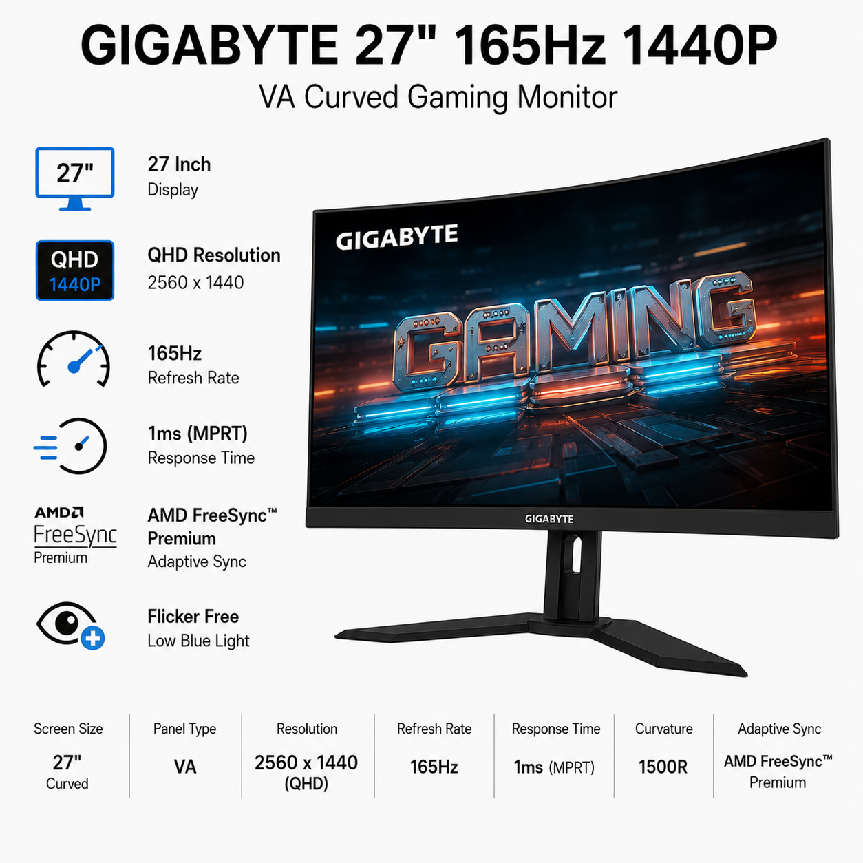 GIGABYTE 27" 165Hz 1440P VA Curved Gaming Monitor (G27QC)