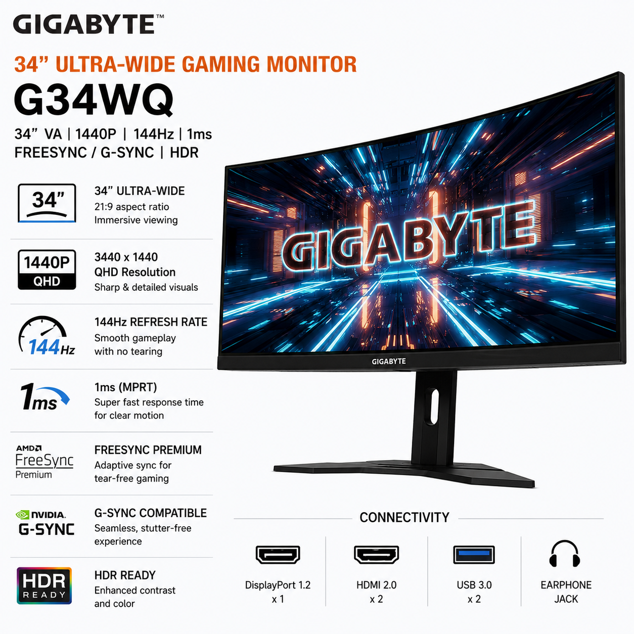 GIGABYTE 34" VA 1440P 144HZ 34D Ultra-wide FREESYNC/GSYNC HDR 1MS MONITOR (G34WQC)