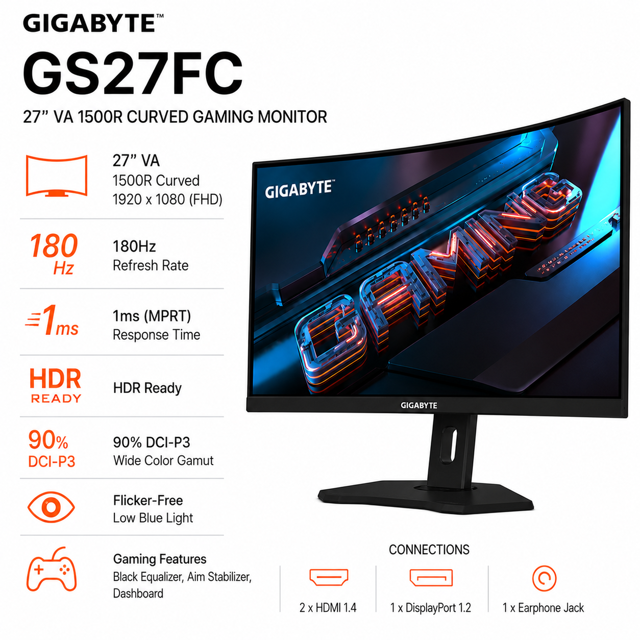 GIGABYTE GS27FC 27" VA 1500R CURVED GAMING MONITOR (GP-GS27FC-AP)