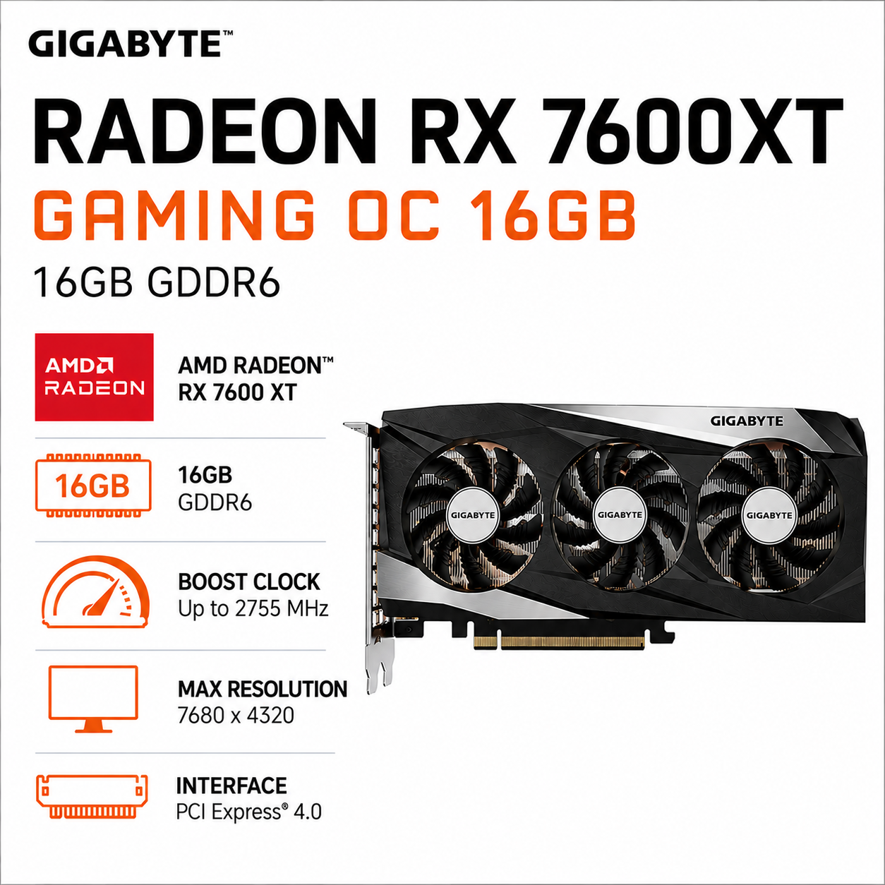 GIGABYTE RADEON RX 7600XT GAMING OC 16GB VGA (GV-R76XTGAMING-OC-16GD)