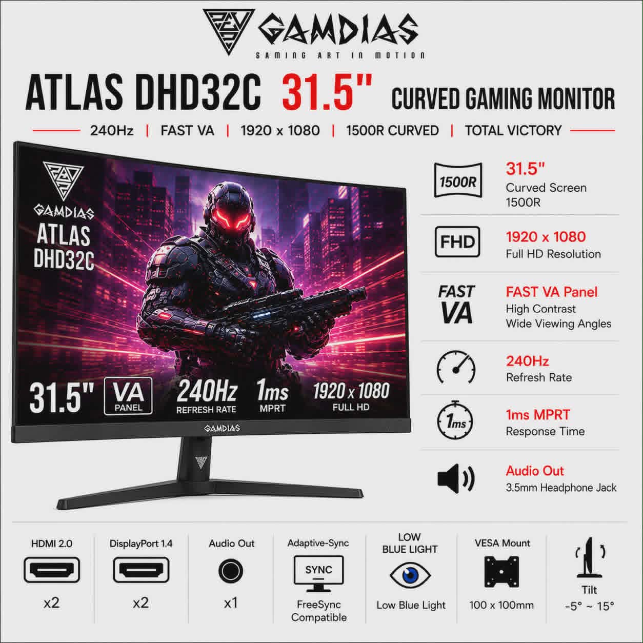 Gamdias Monitor Atlas DHD32C "31.5 Curved 240hz VA Gaming Monitor (DHD32C)