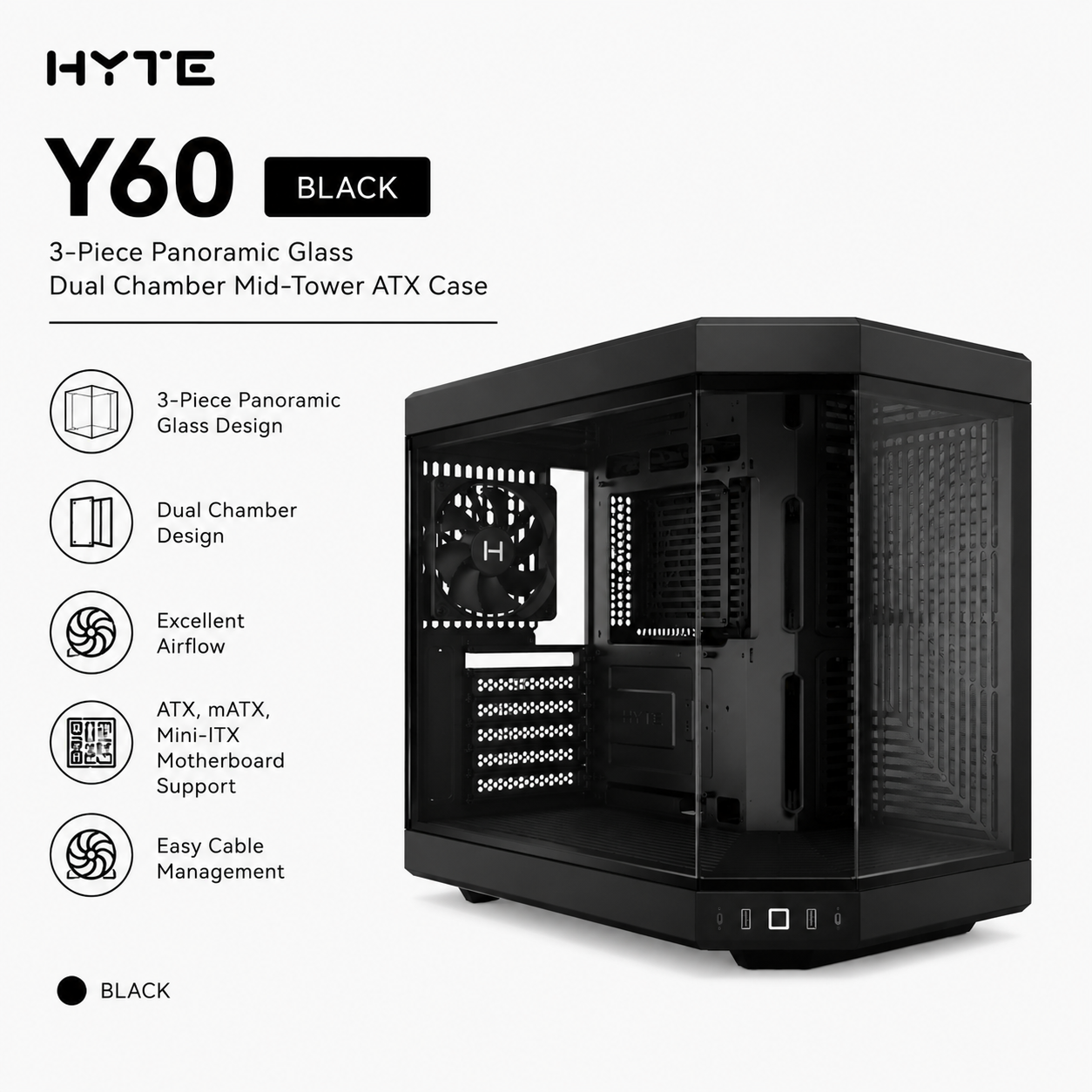 HYTE Y60 Black 3-Piece Panoramic Glass Dual Chamber Mid-Tower ATX Case (CS-HYTE-Y60-B)