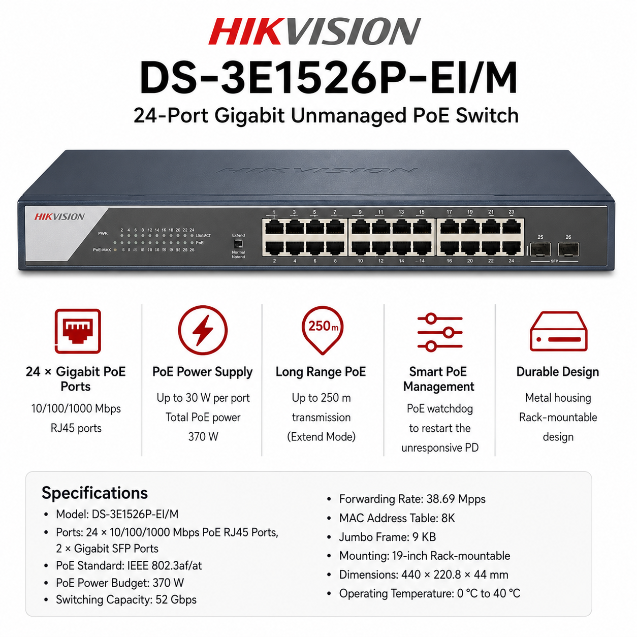 Hikvision DS-3E1526P-EI/M 24 port gigabit (DS-3E1526P-EI/M)
