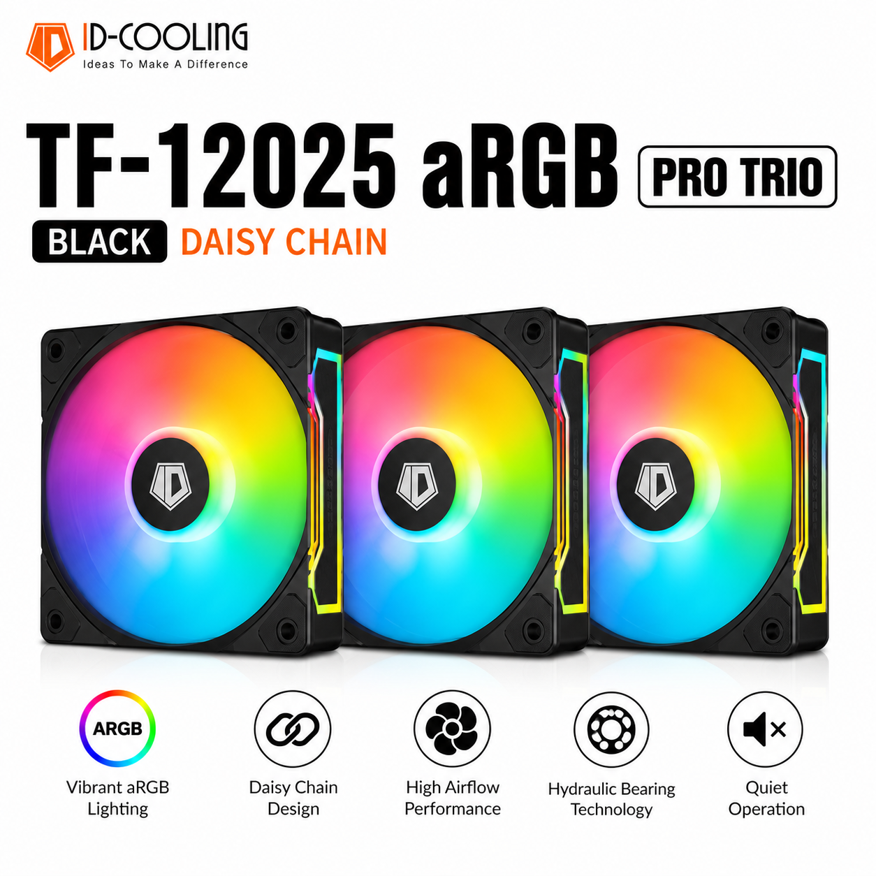 IDCOOLING TF-12025 aRGB Pro Trio Black, Daisy chain (TF-12025-ARGB-TRIO)