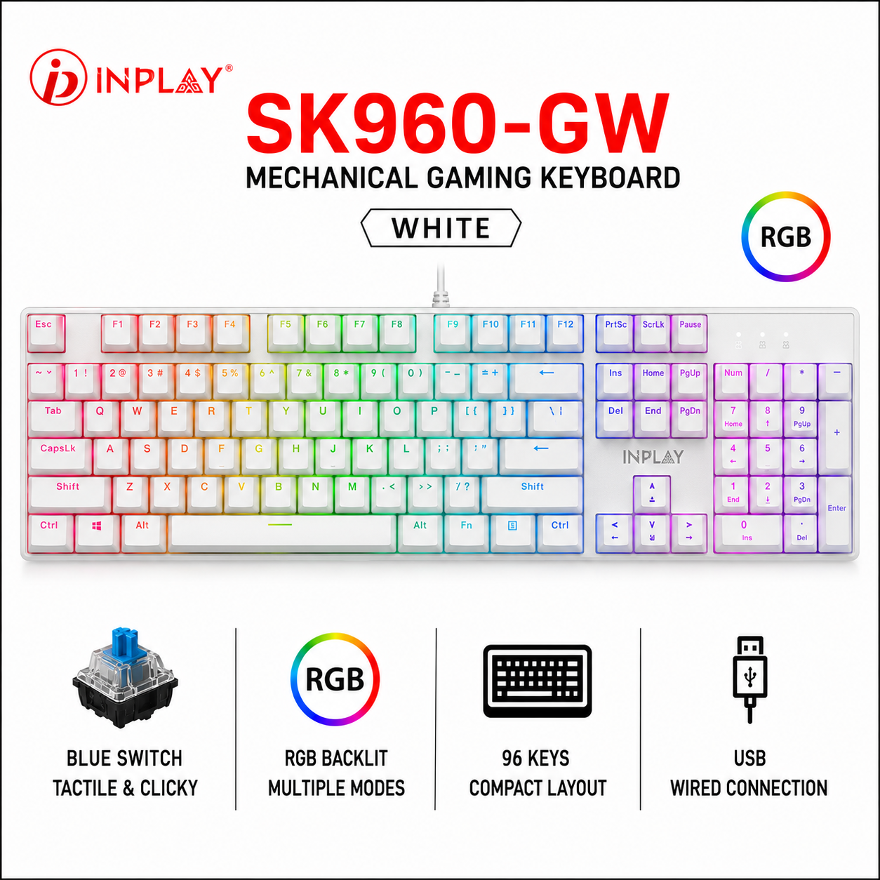 INPLAY SK960-GW Mechanical Gaming Keyboard - White (SK960-GW)