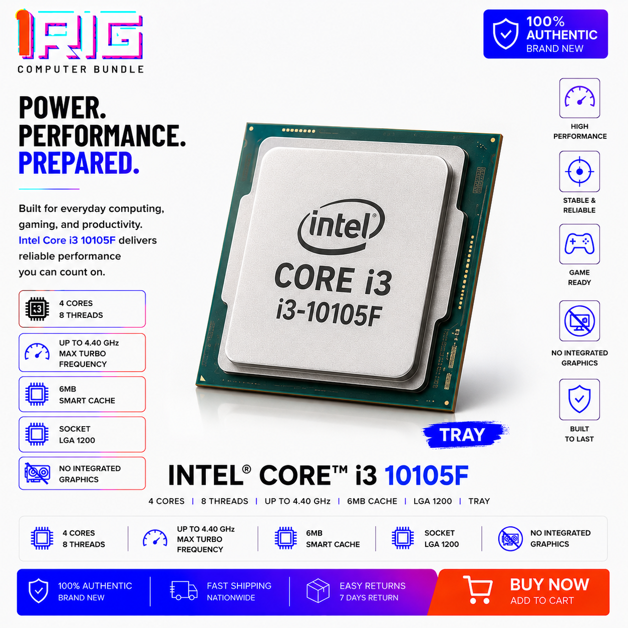 Intel Core i3 10105F Processor 6M Cache, up to 4.40 GHz TRAY (CM8071504651012)