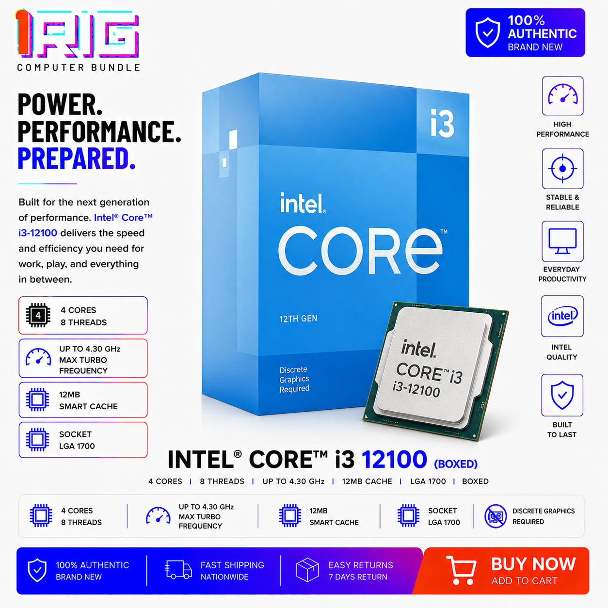 Intel Core i3 12100 Processor 12M Cache, up to 4.30 GHz (Boxed) (BX8071512100)