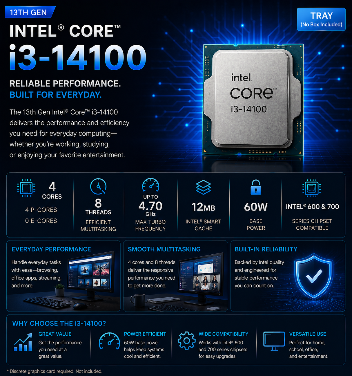 Intel Core i3 14100 Processor 12M Cache, up to 4.70 GHz (Tray) (CM8071505093012)