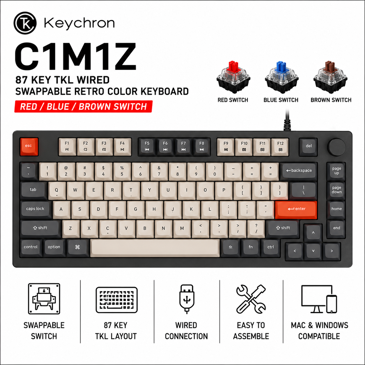 KEYCHRON C1M1Z 87 Key TKL Wired Swappable Retro Color Keyboard (Red/Blue/Brown Switch) (C1M1Z)