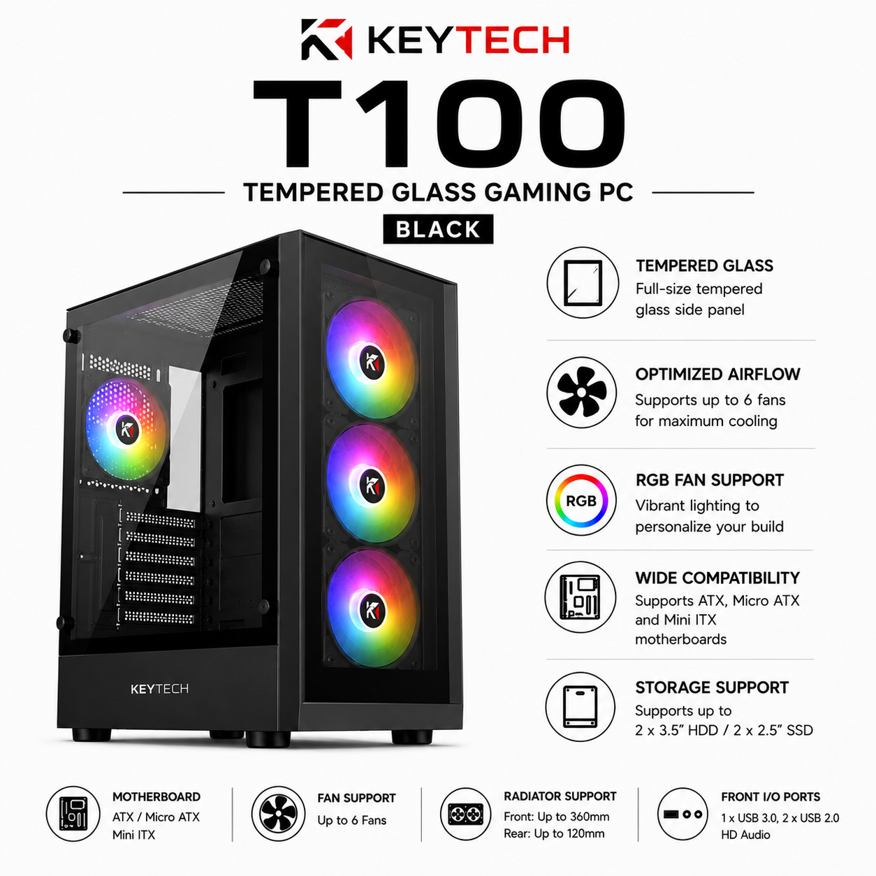 KEYTECH T100 Tempered Glass Gaming PC Black (T100-BLK)