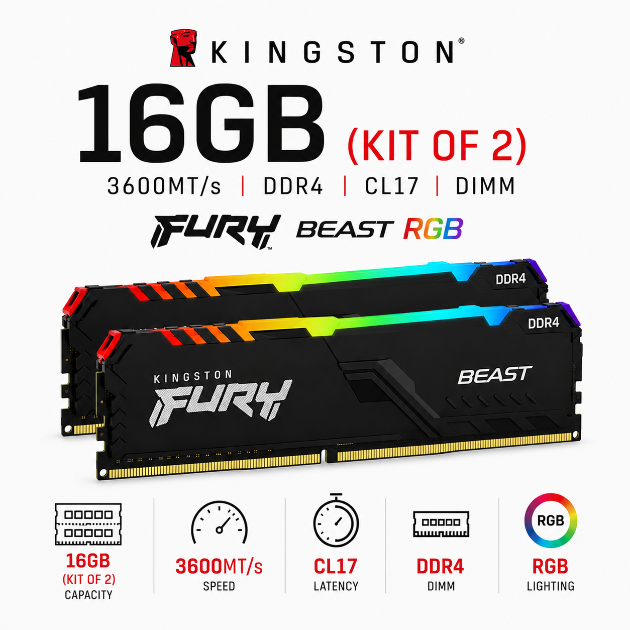 KINGSTON 16GB 3600MT/s DDR4 CL17 DIMM (Kit of 2) FURY Beast RGB (KF436C17BBAK2/16)