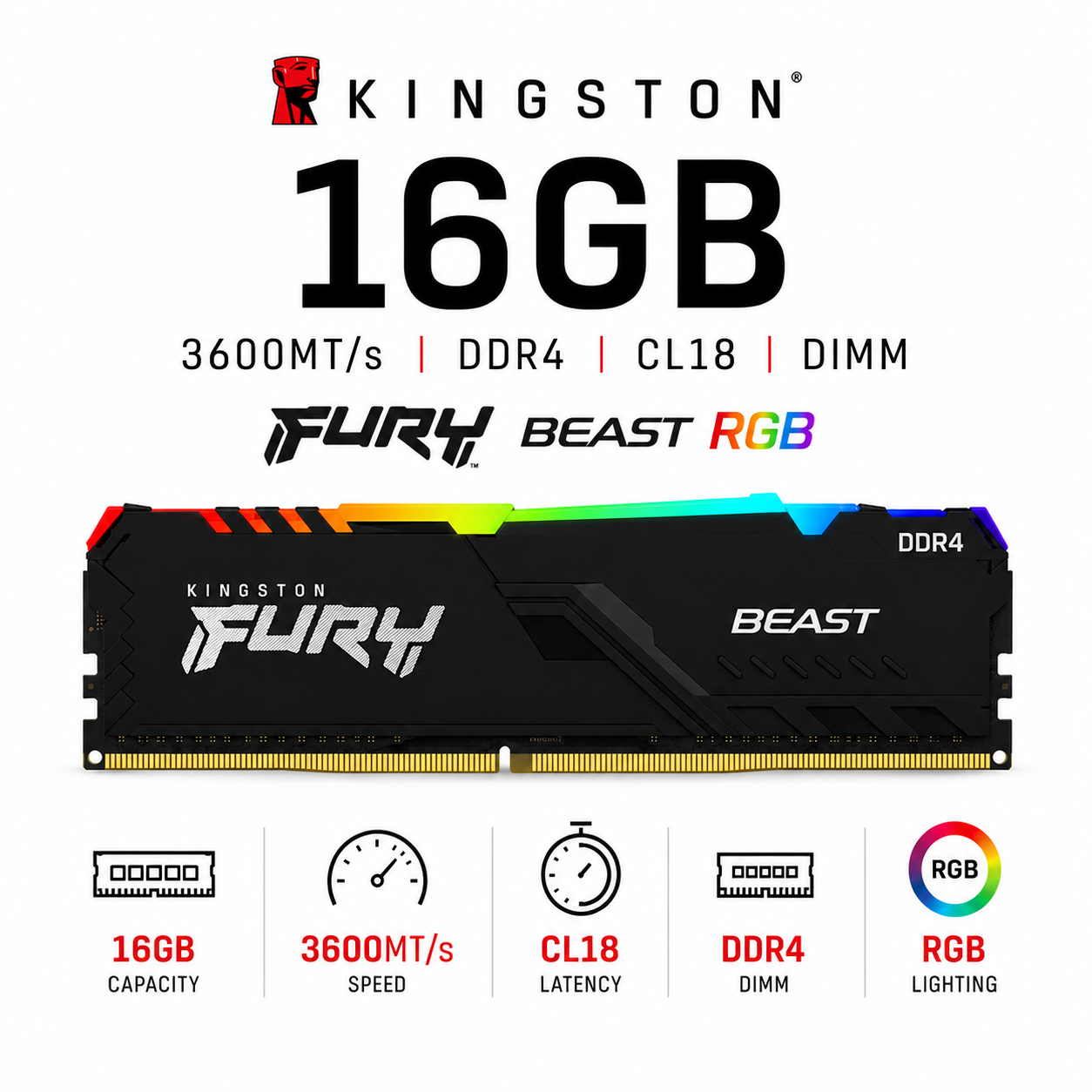 KINGSTON 16GB 3600MT/s DDR4 CL18 DIMM FURY Beast RGB (KF436C18BB2A/16)